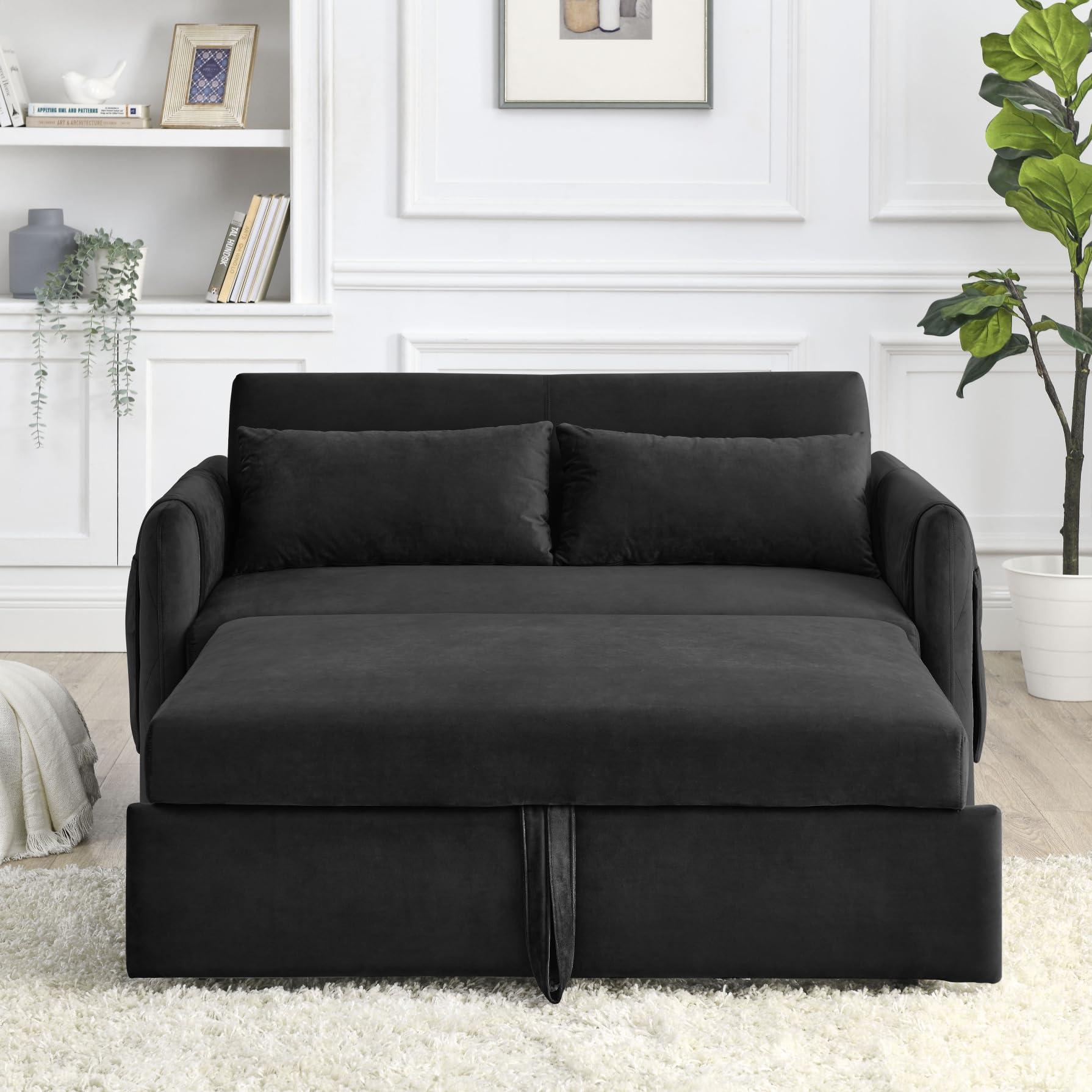 3 in 1 Convertible Sleeper Sofa Bed - Modern Velvet Futon Couch with Pullout Bed, Adjustable Backrest & Storage Pockets - Space Saving Loveseat with Pillows for Small Apartments, Living Rooms & Guest Rooms (Perfect for Studio, Dorm & Home Office)