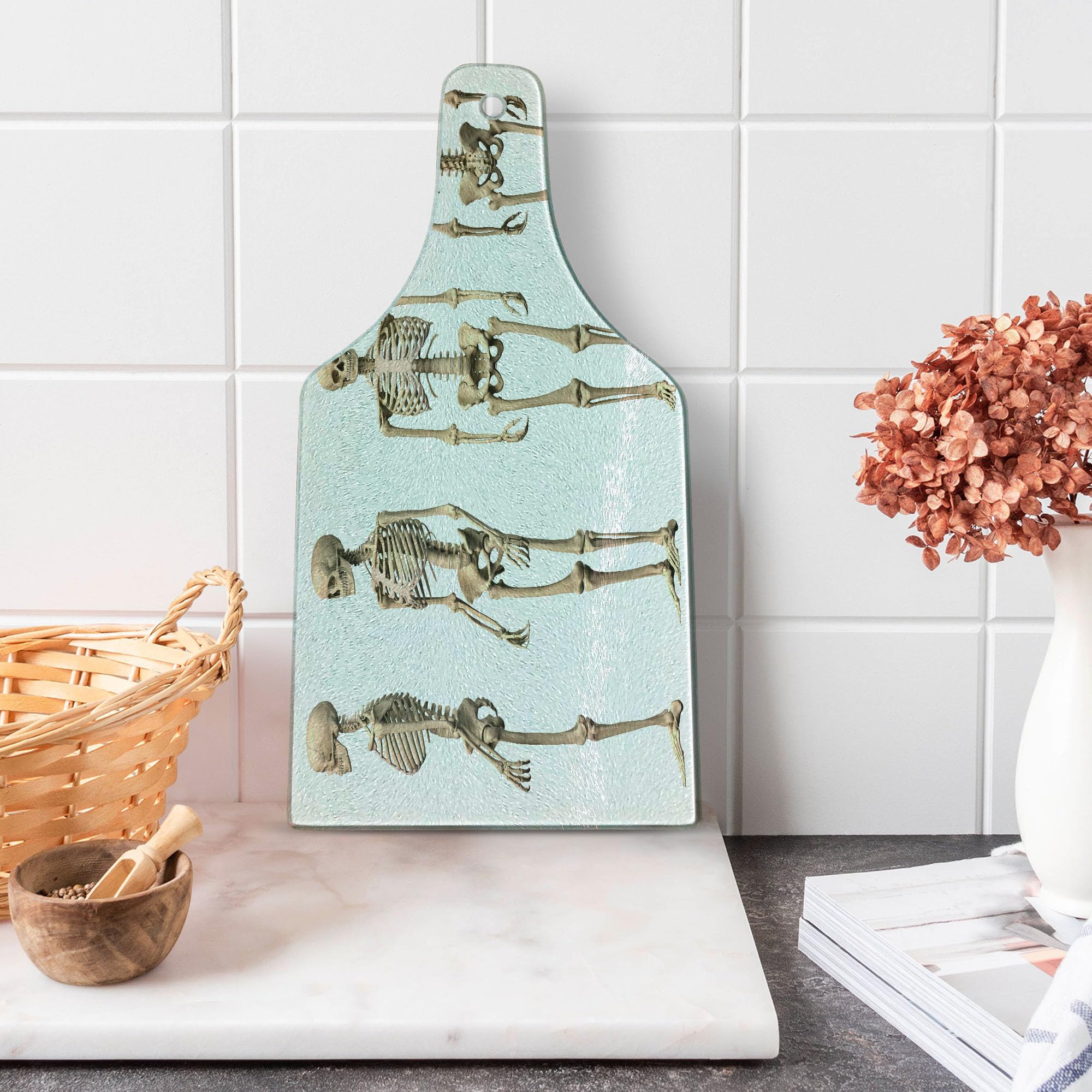 Ambesonne Human Anatomy Cutting Board - Skeleton Skull & Bones Sketch Design - Tempered Glass Serving Board for Kitchen & Dining - Wine Bottle Shape Cream Colored - Perfect for Halloween Parties, Medical Student Gifts & Unique Home Decor