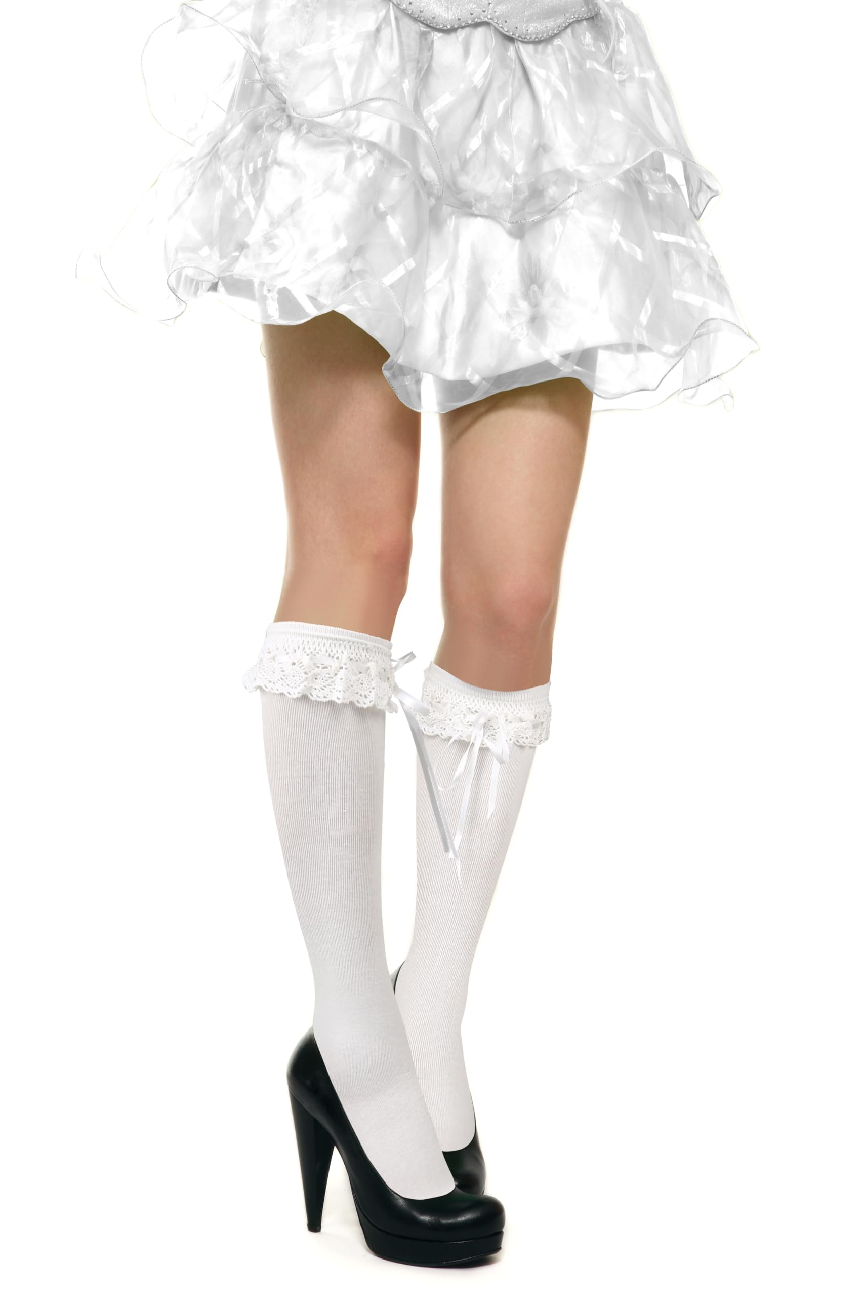 Benefeet Women's Lace Ruffle Knee High Socks - Kawaii Lolita Stockings in Black & White | Cute Fashion Socks for Cosplay, Daily Wear & Anime Outfits