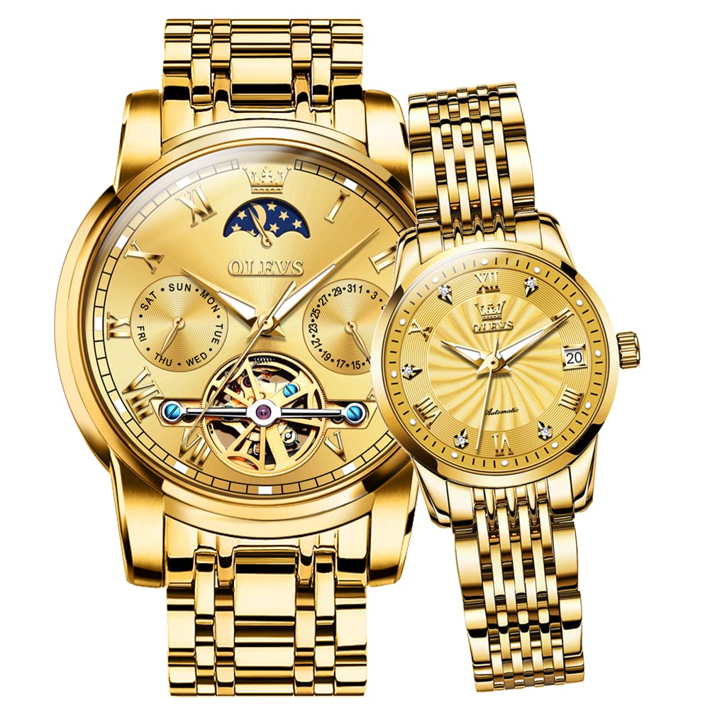 OLEVS Automatic Couple Watches for Men and Women - His and Hers Matching Mechanical Self-Winding Tourbillon Dress Watches with Day Date Calendar, Big Face, Two Tone - Perfect Anniversary Gift for Couples, Wedding Present, Romantic Date Night Accessories