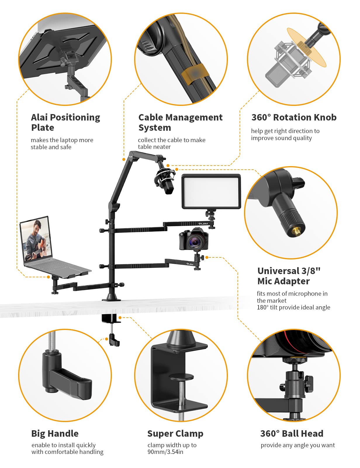 LS21 Adjustable Desktop Camera Arm Stand - Overhead Mount for Webcam, DSLR, Ring Light & Microphone | Flexible Boom Arm with Laptop Stand & 2 Extension Magic Arms | Perfect for Streaming, Video Calls, Photography & Content Creation