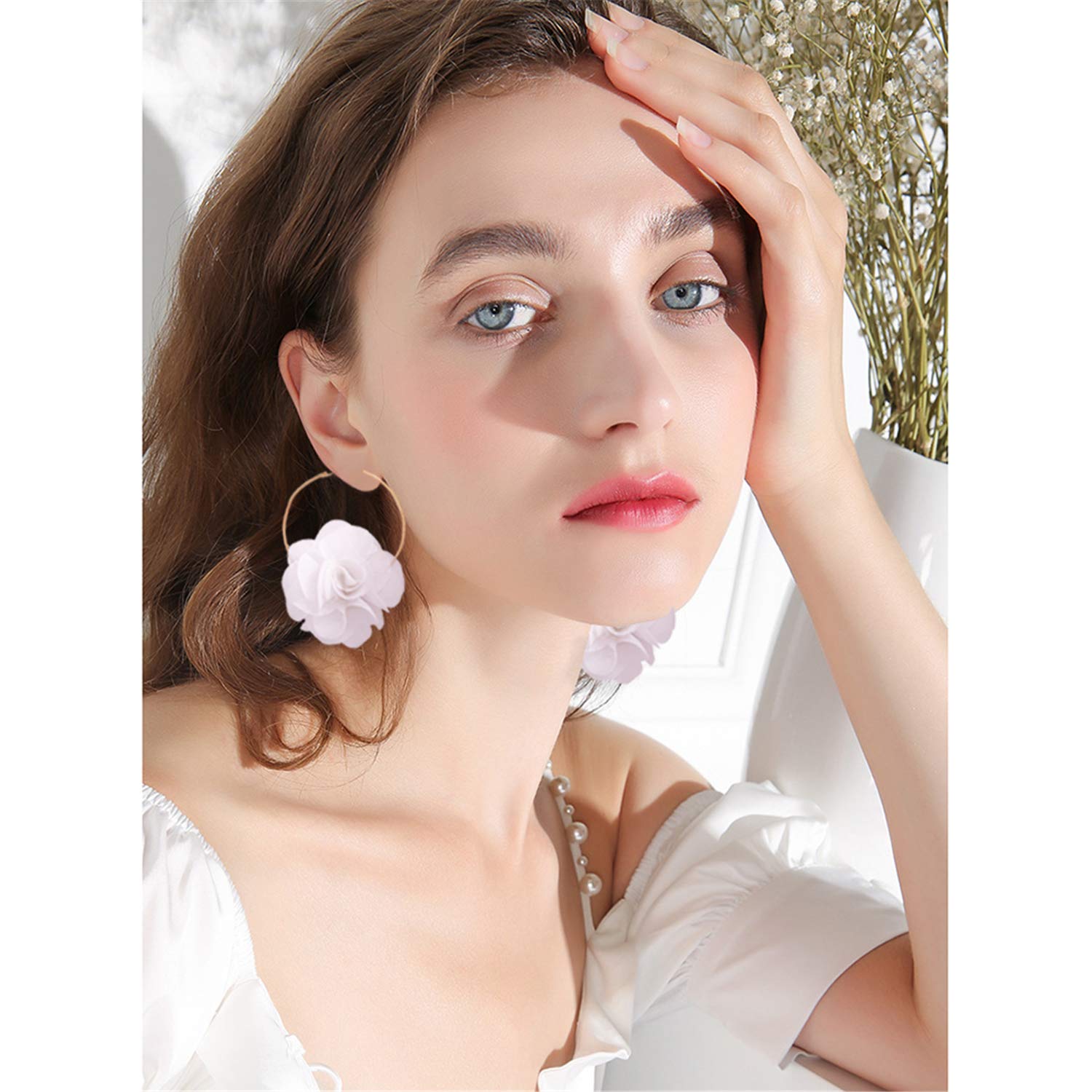 Lightweight Bohemian Big Fabric Flowers Dangle Drop Earrings - Handmade Floral Petal Hoop Earrings with Chiffon Tassel for Women | Perfect for Vacation, Wedding & Boho Fashion (White)