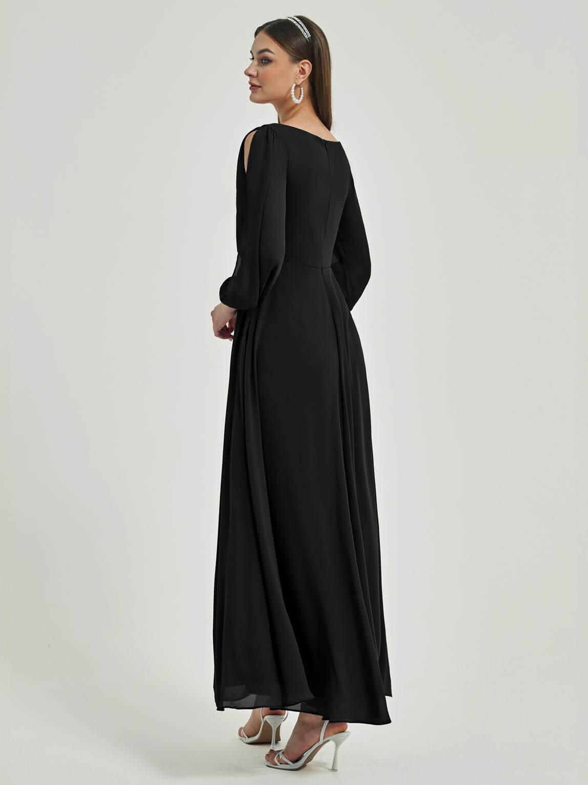 Elegant Black V-Neck Long Slit Sleeve Pleated Flowy Chiffon Formal Evening Dress for Women - Perfect for Prom, Cocktail Parties & Special Occasions