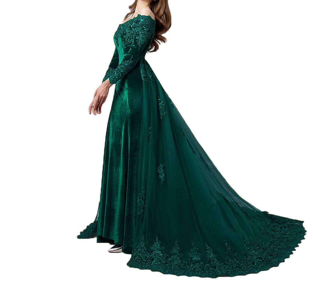 Elegant Off Shoulder Velvet Prom Evening Gown for Women - Long Sleeve Appliqued Wedding Dress with Detachable Train - Plus Size 20 in Emerald Green | Perfect for Formal Events, Galas & Special Occasions