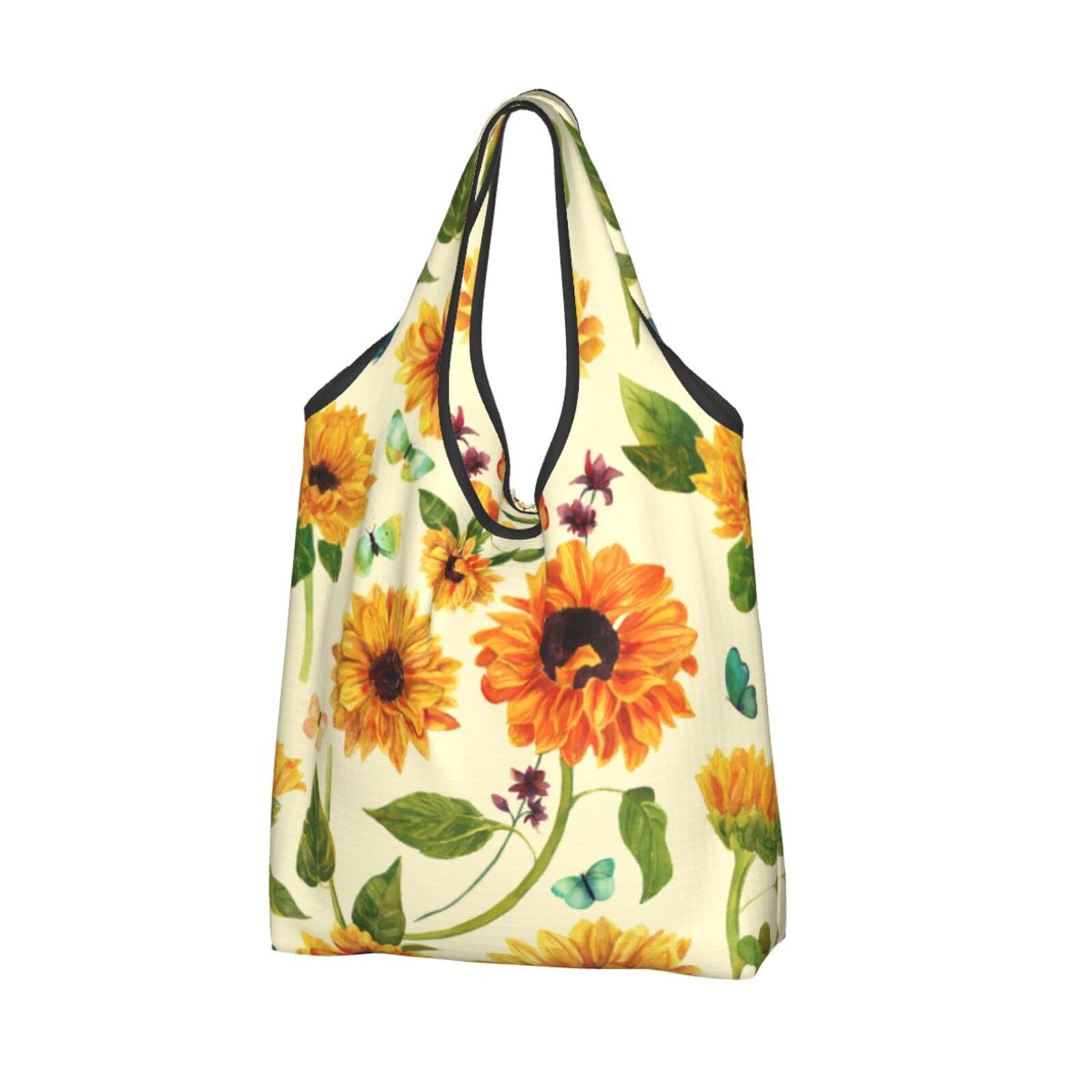 Eco-Friendly Waterproof Reusable Shopping Tote Bag with Sunflower & Butterfly Watercolor Design - Large Foldable Grocery Bag for Women, Farmers Market, Beach & Daily Use