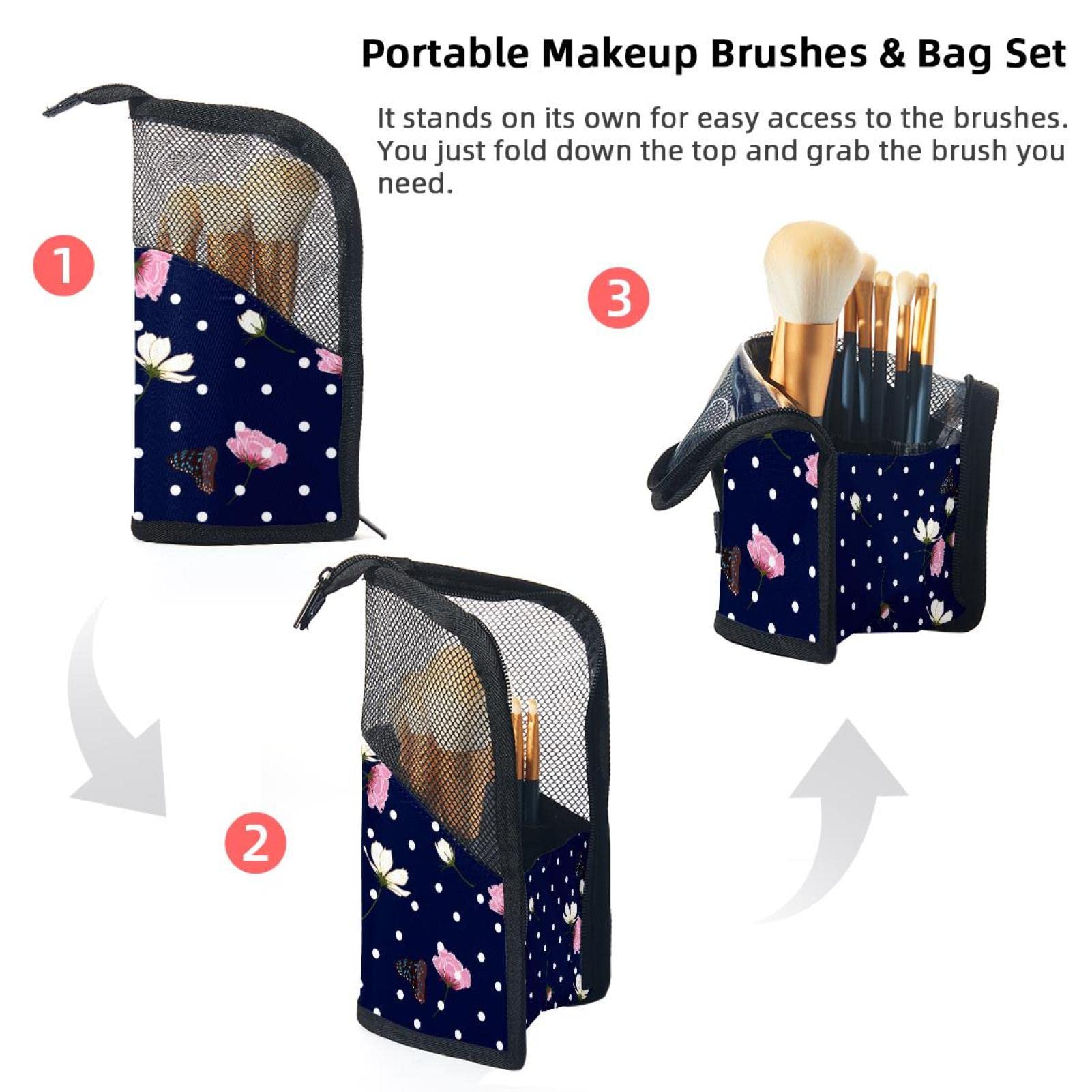 12-Piece Makeup Brush Organizer Bag with Polka Dot Wildflower Design - Portable Travel Cosmetic Brush Holder Case for Professional Makeup Artists & Beauty Enthusiasts - Perfect for Home, Travel & Salon Use