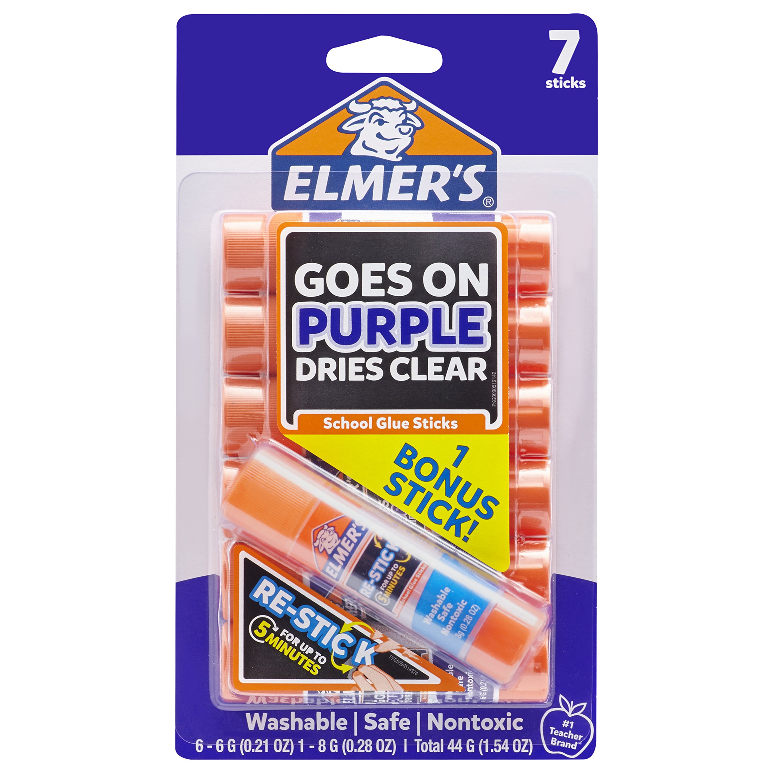 Elmer's Disappearing Purple Glue Sticks with Bonus Re-Stick Glue Stick - 6 + 1 Pack - Washable School Supplies for Kids, Arts & Crafts Projects, Office Use