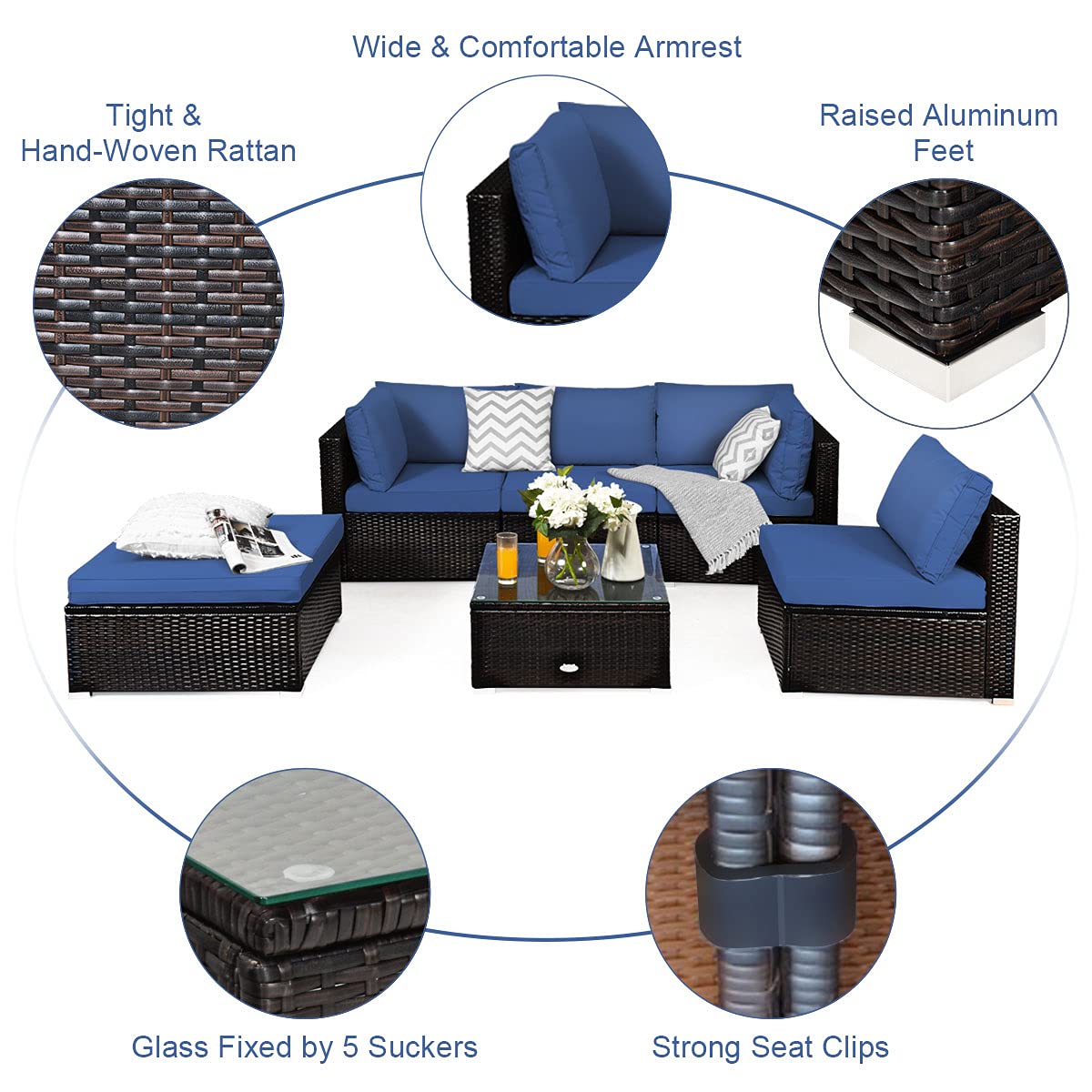 Tangkula 6-Piece Outdoor Patio Furniture Set - Durable Steel Frame PE Rattan Wicker Sectional Sofa with Coffee Table for Deck, Lawn, Backyard (Blue) | Perfect for Garden Parties, Poolside Lounging & Outdoor Entertaining