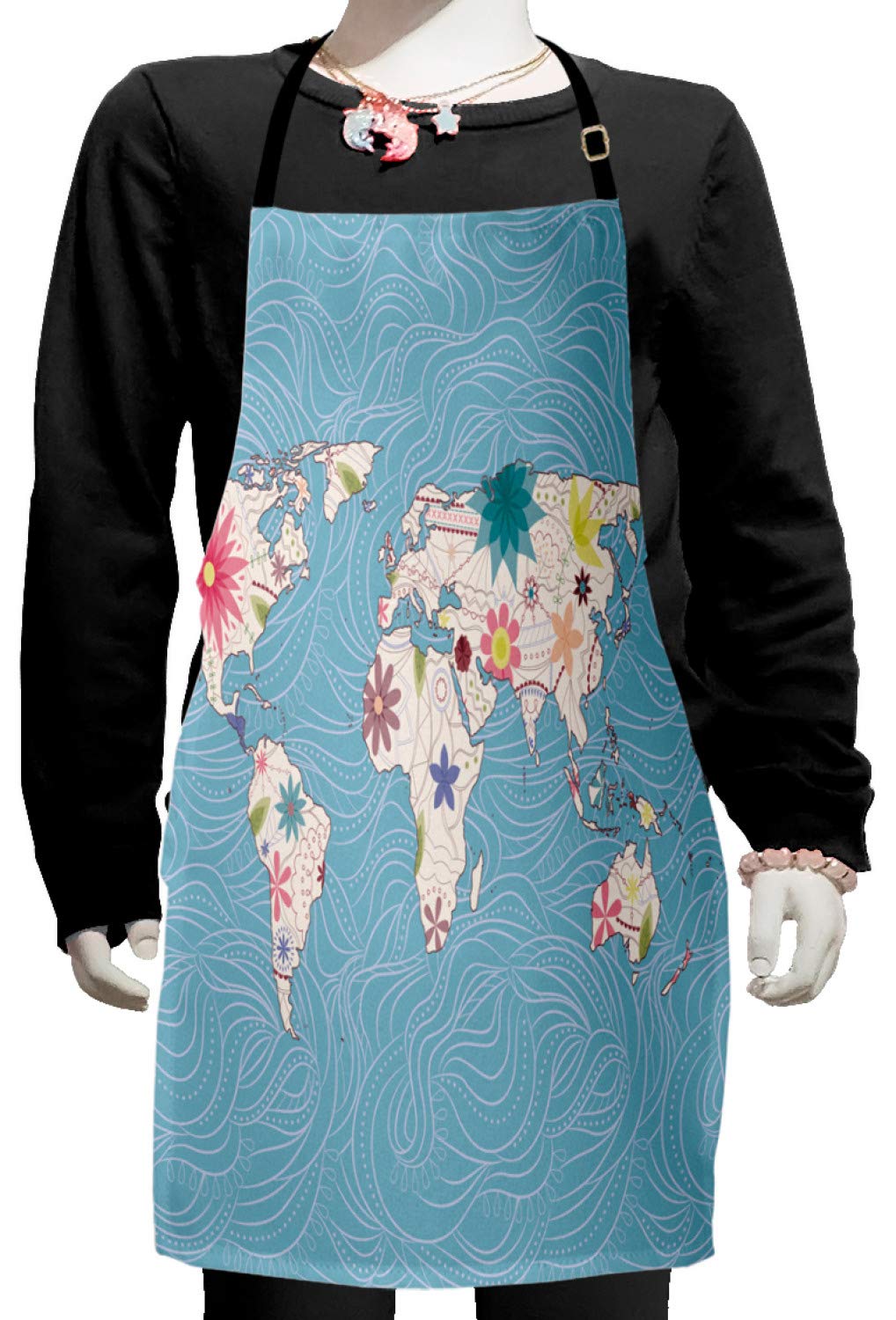 Ambesonne Floral World Map Apron - Blossom Atlas Continents Design for Baking, Painting & Cooking | Adjustable Ties, Small Size in Pale Blue & White | Perfect for Home Chefs, Artists & Travel Enthusiasts
