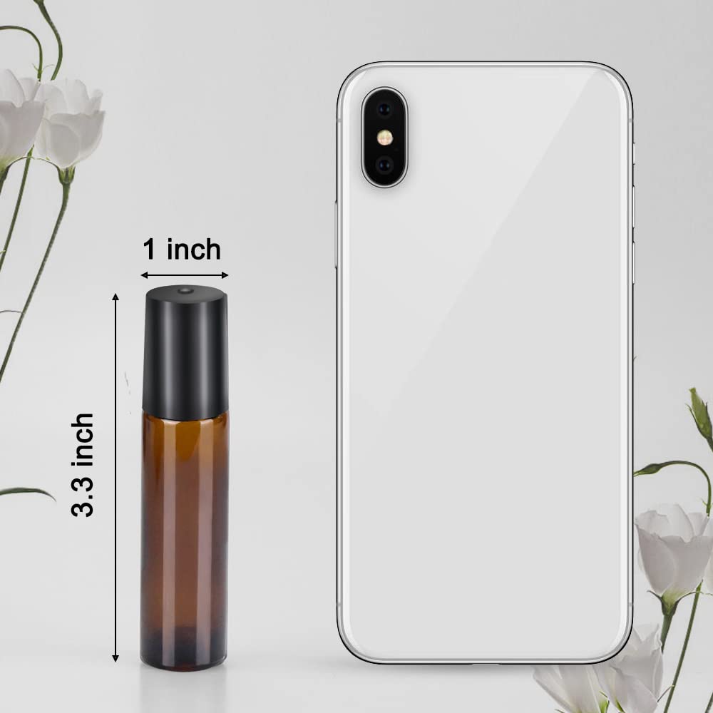 25 Pack 10ml Amber Glass Essential Oil Bottles with Stainless Steel Roller Balls & Caps - Travel Size for Aromatherapy, DIY Perfume, Lip Gloss & Skincare (Leak Proof & Durable) - Perfect for Home, Office & On-the-Go Use