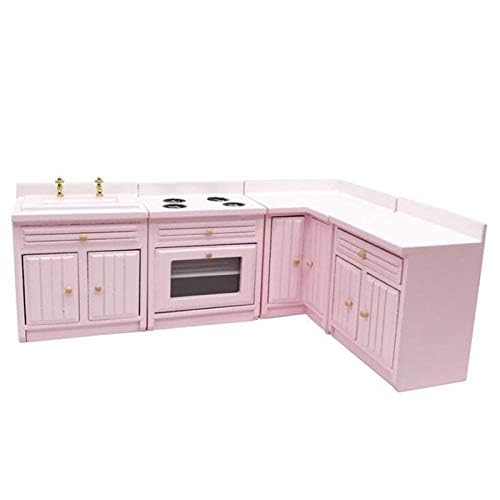 1:12 Scale Dollhouse Miniature Furniture - Pink Wooden Kitchen Cabinet Set with Sink & Countertops | Deluxe Miniature Kitchen Accessories for Dollhouse Decor | Perfect for Dollhouse Displays, Miniature Collectors & DIY Projects
