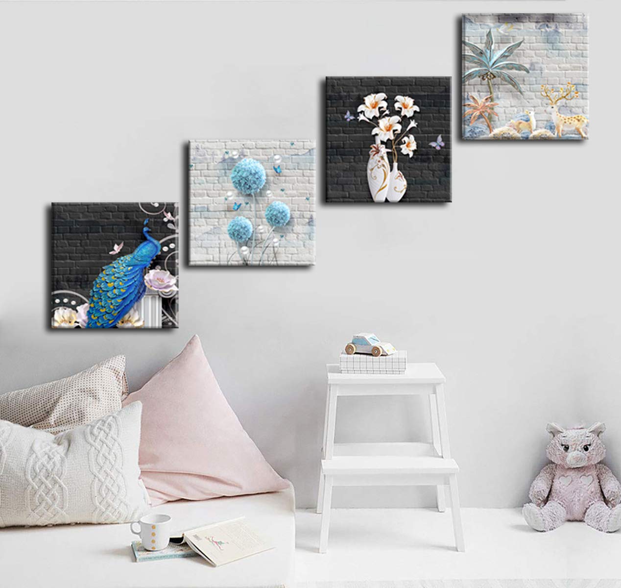 Modern Abstract Canvas Wall Art - 4 Panels Flower & Animal Painting Print, Framed & Ready to Hang for Living Room Decor | Perfect for Home, Office & Bedroom Wall Decoration