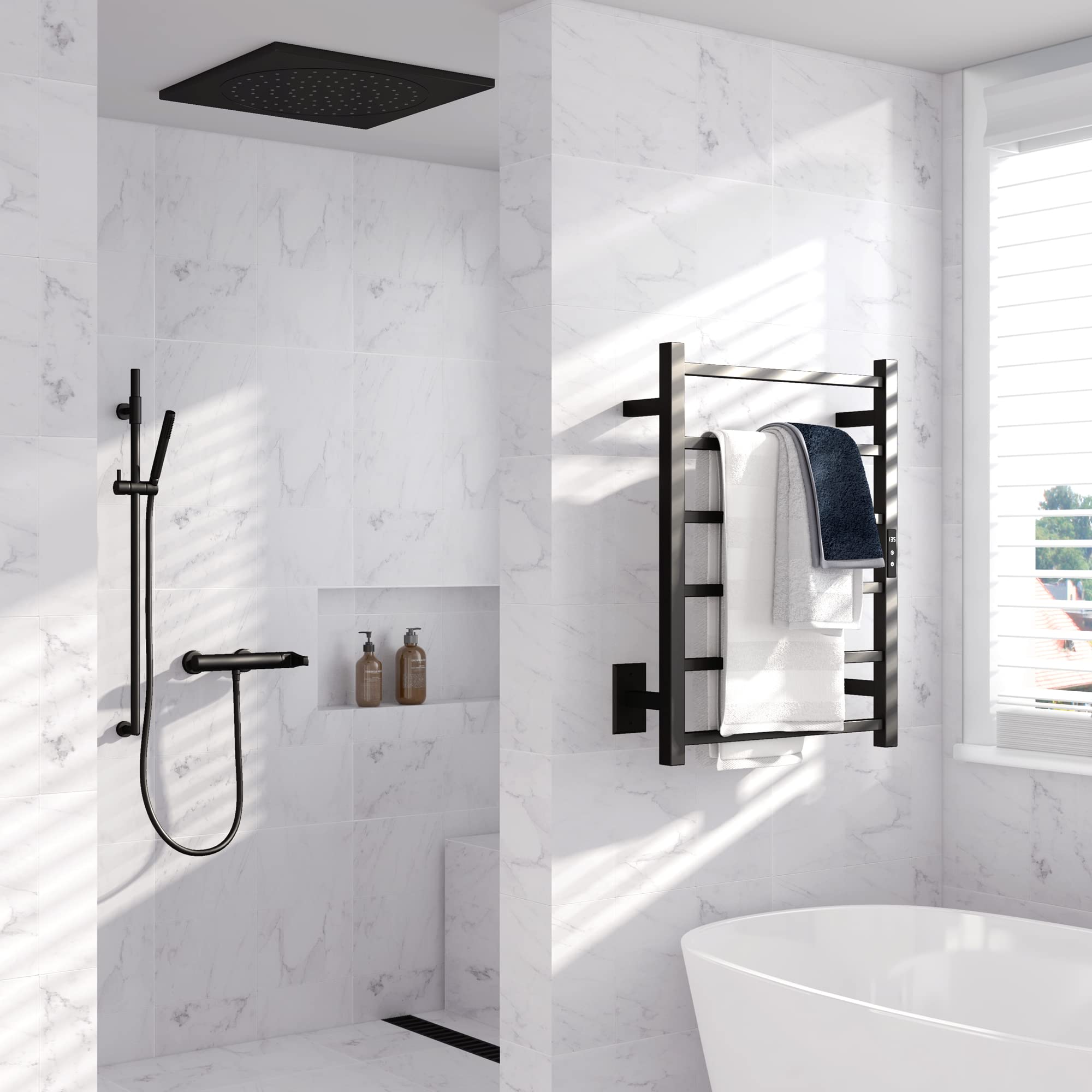 Sharpeye 6-Bar Heated Towel Warmer with 24-Hour Timer & Temperature Control - Wall Mounted Electric Towel Rack for Bathroom - Plug-in or Hardwired Matte Black 304 Stainless Steel - Perfect for Spa, Luxury Hotels & Home Use