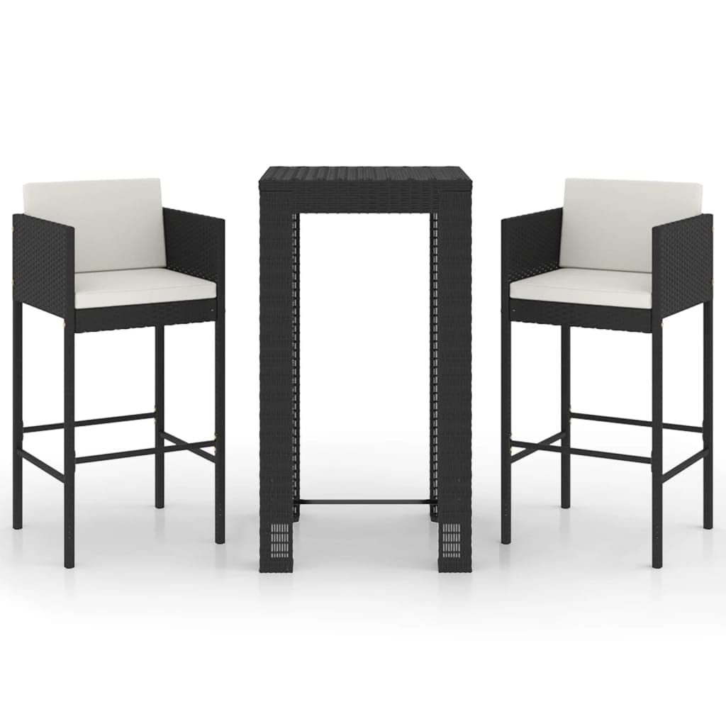 3-Piece Black Poly Rattan Outdoor Dining Set with Cushions - Patio Bistro Pub Table & Chairs for Backyard, Porch, Garden - Weather-Resistant Wicker Furniture for Entertaining & Relaxation