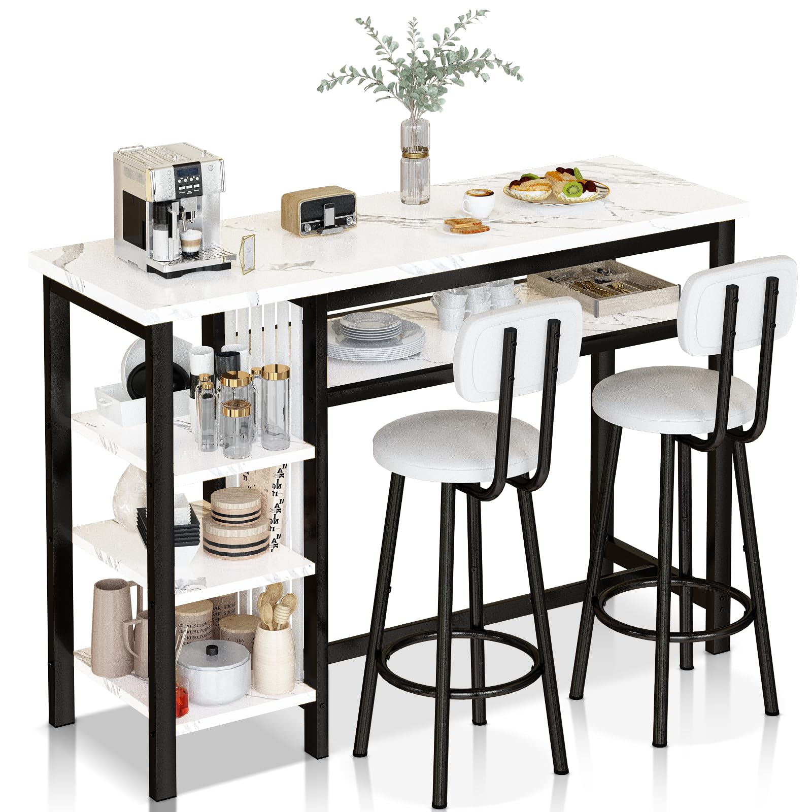 Modern 5-Tier Compact Kitchen Bar Height Table & 2 Chairs Set - White Faux Marble Top with Black PU Leather Upholstered Seats - Space-Saving Dining Set for Small Apartments, Breakfast Nooks & Home Offices