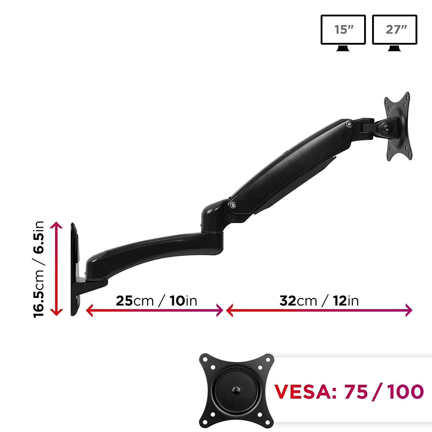 Duronic DM55W1X2 Aluminum Monitor Arm Wall Mount - Adjustable Single PC Screen Bracket for 15