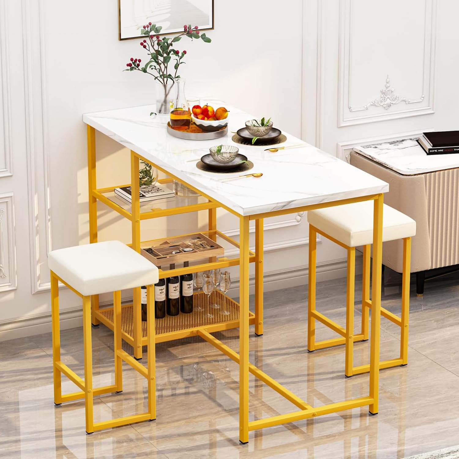 Modern 2-Person Kitchen Island Dining Set with Storage - Faux Marble Table & 2 Stools, Gold & White - Perfect for Small Spaces, Apartments, Kitchens & Dining Rooms