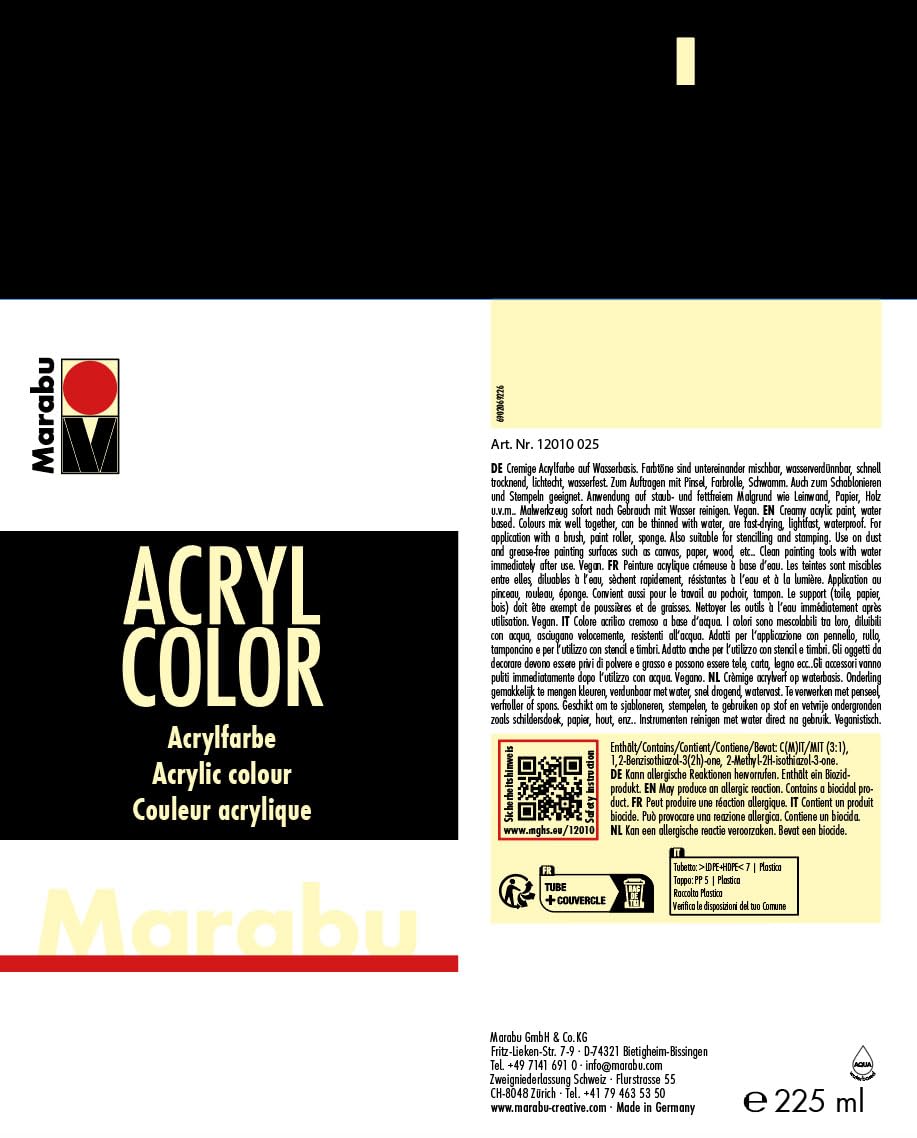 Marabu 120125031 Premium Acrylic Paint - 225ml Cherry Red for Canvas, Wood & DIY Crafts | Vibrant Art Supplies for Artists & Hobbyists
