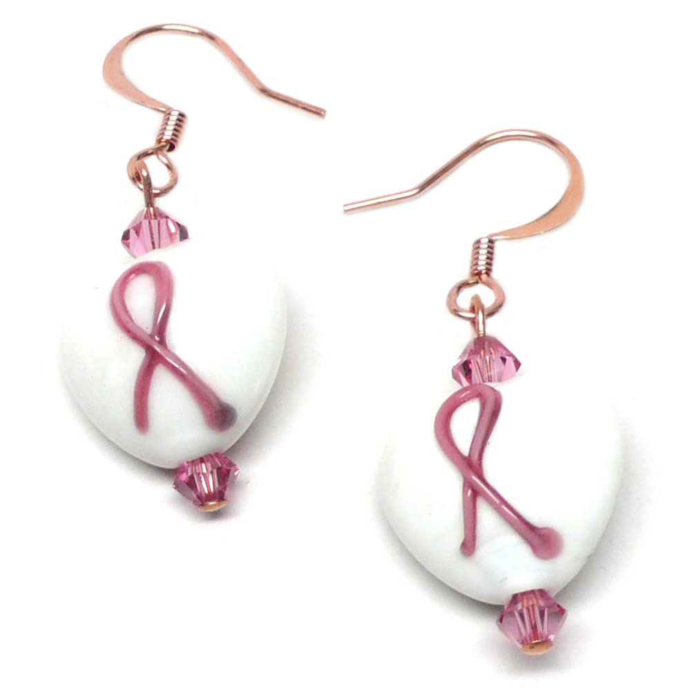 Pink Ribbon Awareness White Glass Heart Earrings - 14mm Copper Pierced or Clip On for Women - Perfect for Breast Cancer Awareness Events, Fundraisers & Everyday Wear