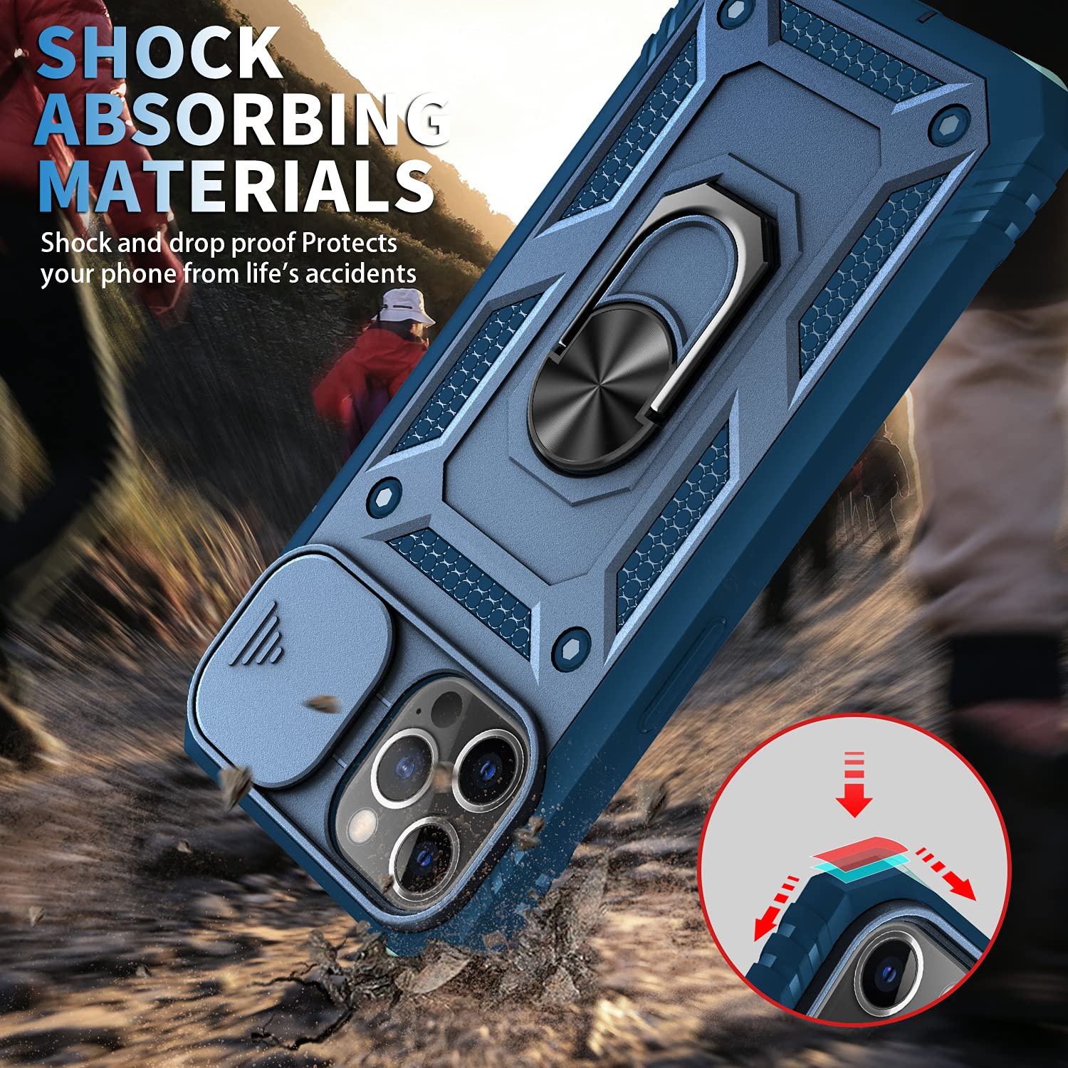 Shockproof iPhone 12/12 Pro Case (6.1 inch) - Impact Resistant Protective Cover with Slide Lens Cover - Blue | Perfect for Outdoor Activities, Travel & Daily Protection