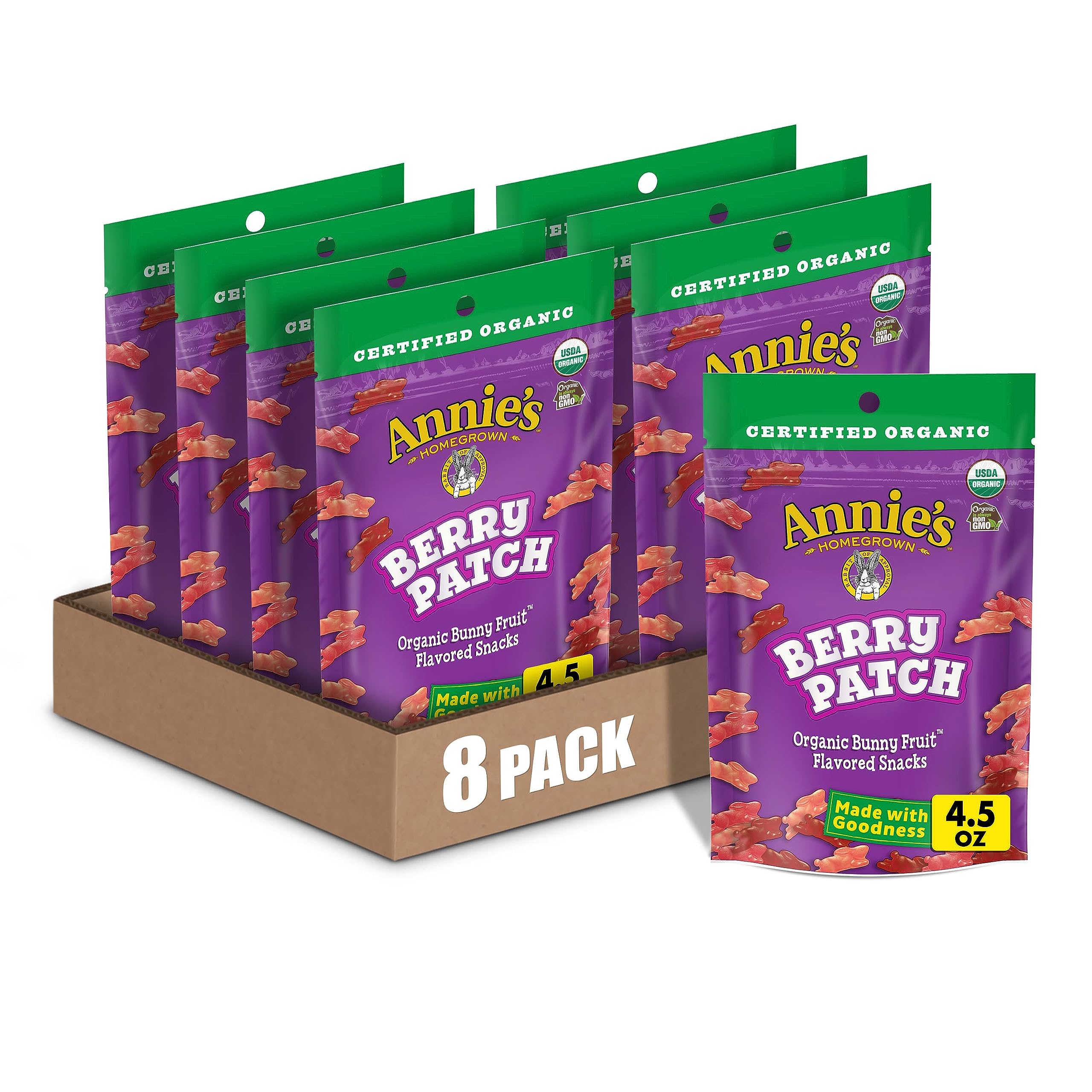 Organic Berry Bunny Fruit Snacks - Gluten Free, Resealable 4.5oz Pouch (Pack of 8) | Healthy Kids Snack for Lunchbox, School & On-The-Go | Annie's Berry Patch Flavored Treats