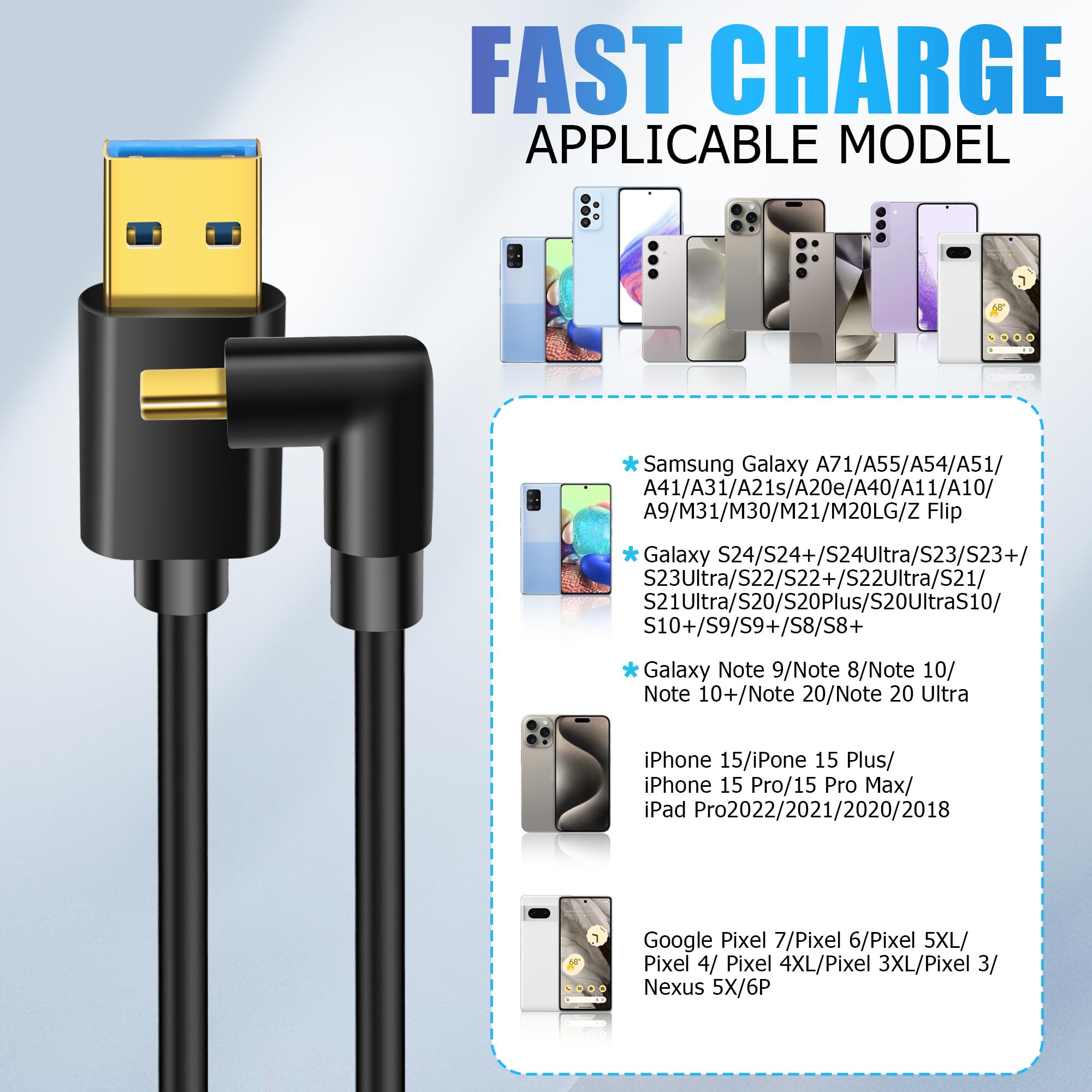 90 Degree Right Angle USB C Cable 3.0 - USB A to USB C Fast Charging Cord (0.5M/1.6FT) - Compatible with Laptop, PC, Tablet, Phone - Perfect for Tight Spaces & Car Charging