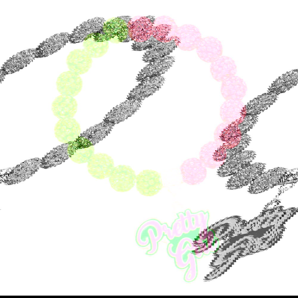 Pink & Green Shamballa Beaded Stretch Bracelet for Women - Pretty Girl Message Charm - Perfect for Gifts, Parties, and Everyday Fashion Accessories