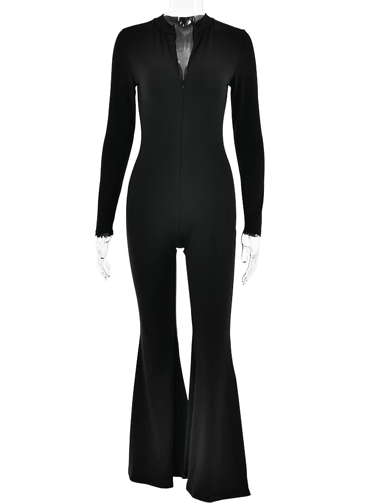 Women's Autumn Winter Long Sleeve Zipper Skinny Jumpsuit - Stretchy Elastic Tight Flare Playsuit for Casual Wear, Sports & Fashion Outfits | Perfect for Gym, Running, Yoga, and Everyday Street Style