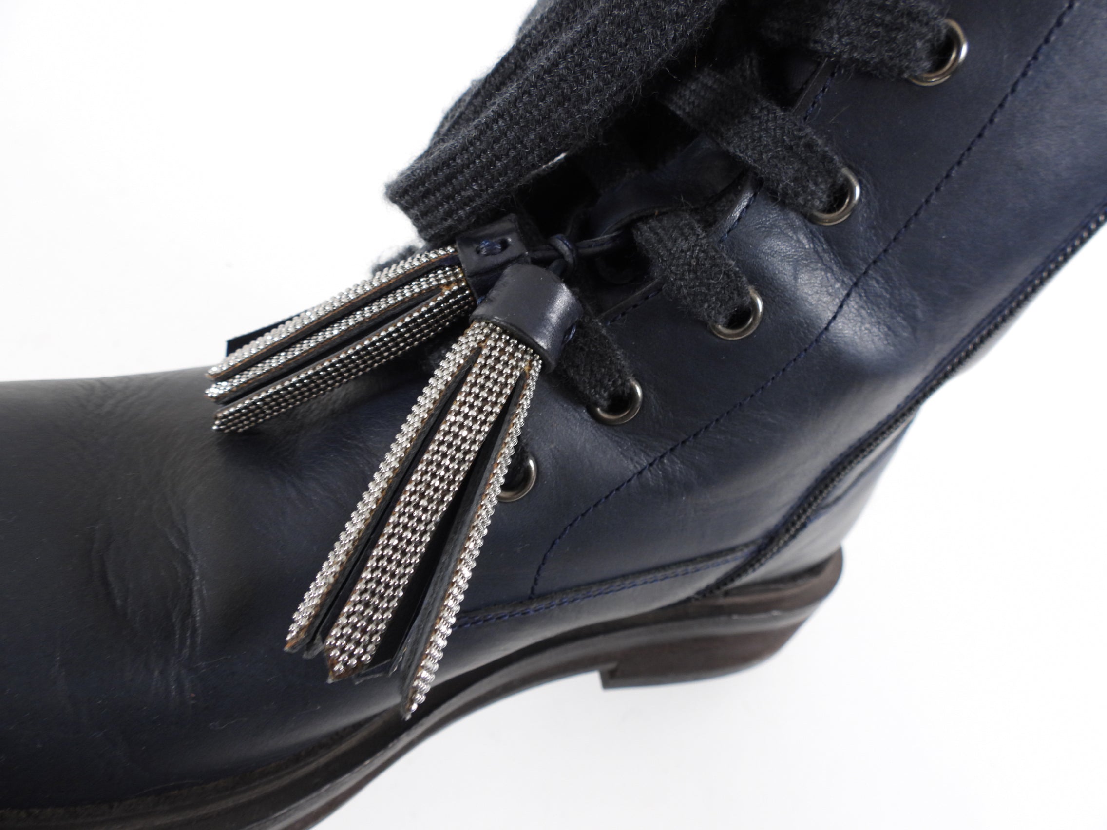 Brunello Cucinelli Dark Midnight Monili Tassel Ankle Boots Women's Size 38.5 - Stylish Leather Booties for Evening Out & Office Wear
