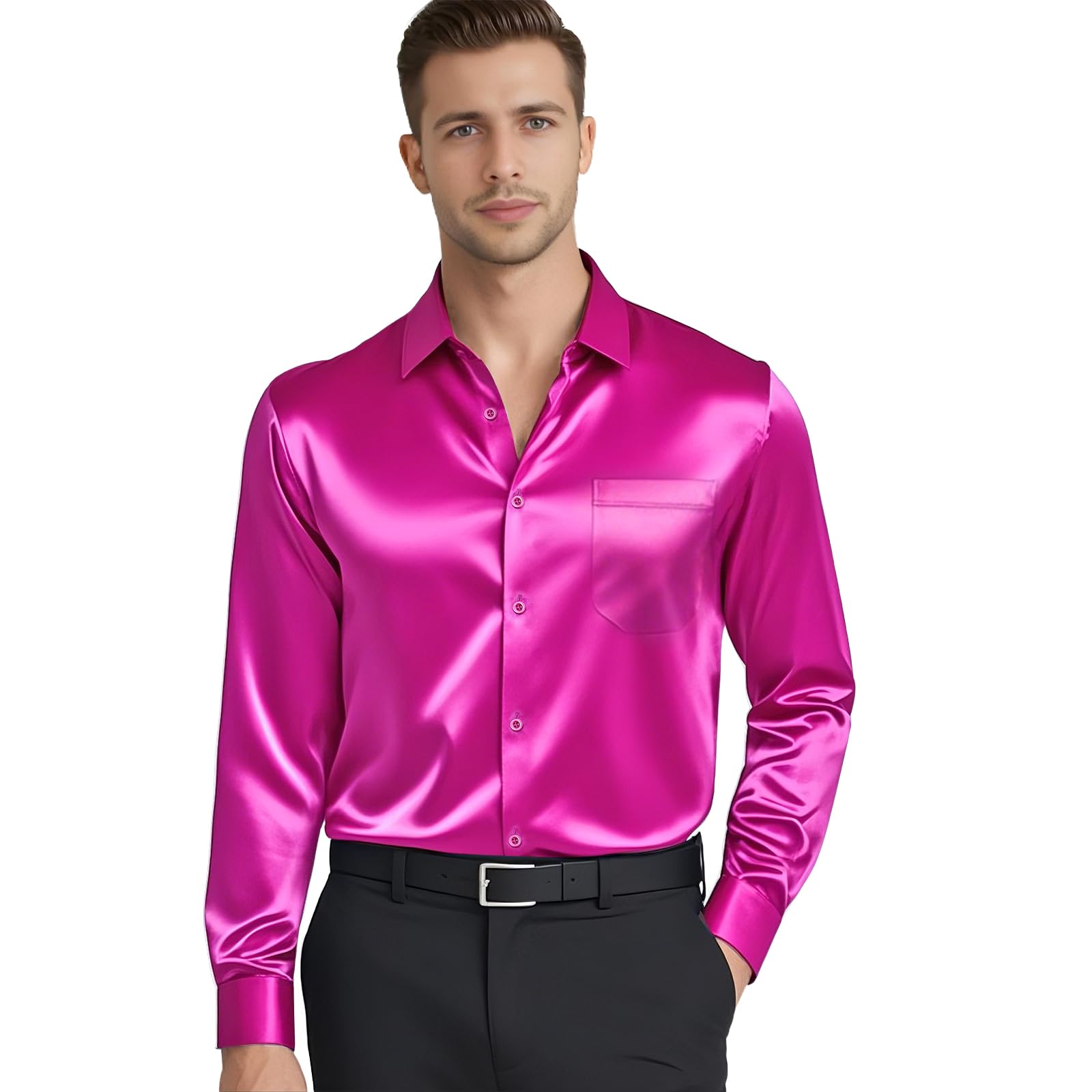 Premium Men's Long Sleeve Satin Dress Shirt - Shiny Button Down Formal Shirt with Pocket, Regular Fit for Wedding, Party & Business Occasions | Elegant Office Wear & Special Event Attire
