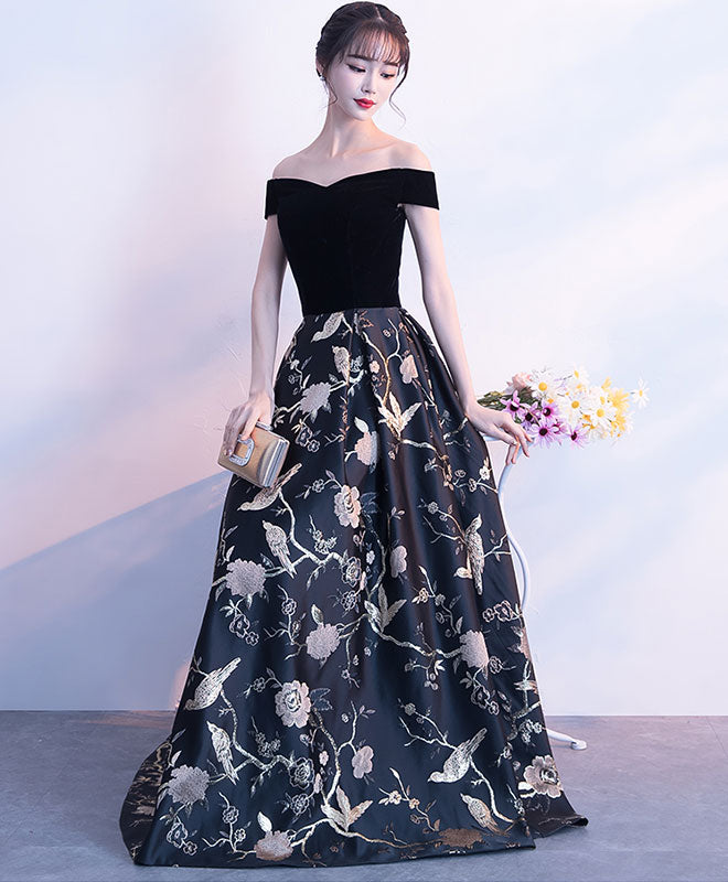 Elegant Black Off Shoulder Floral Long Prom Dress - Formal Evening Gown for Homecoming, Wedding & Special Occasions