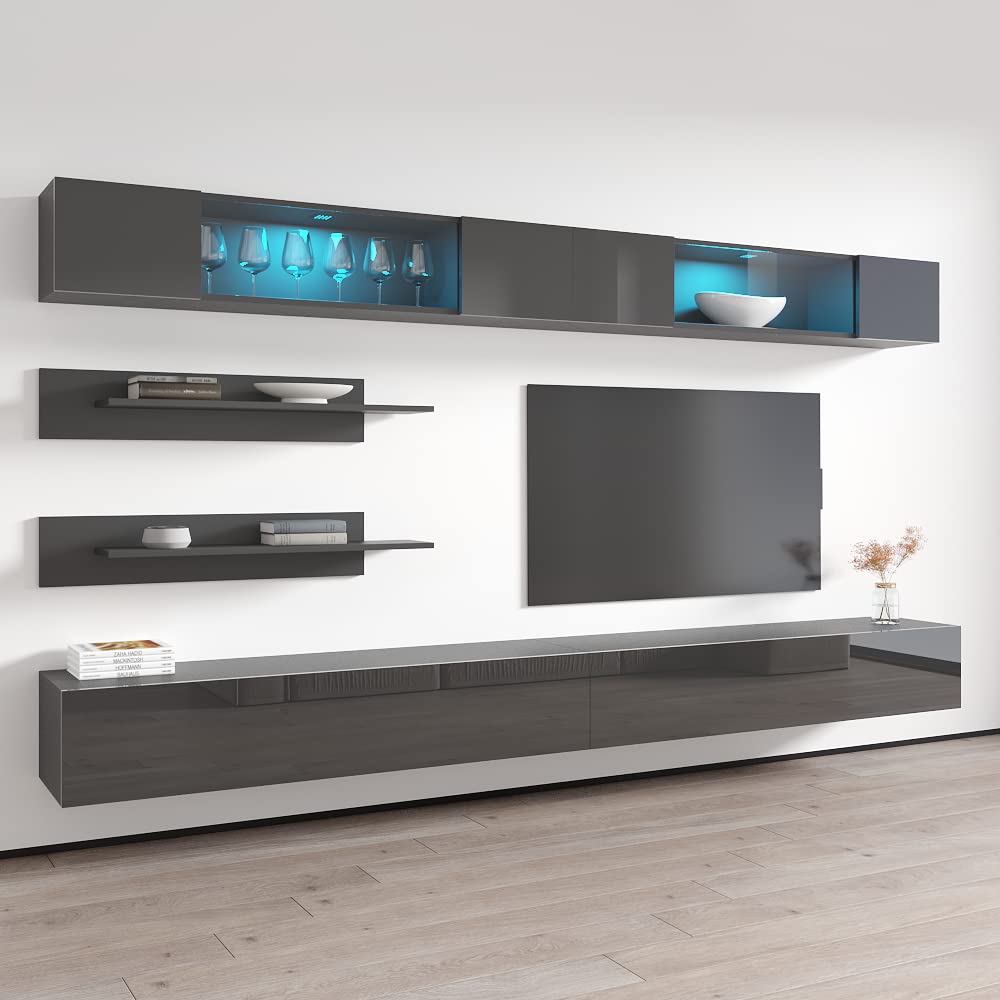 Modern Floating TV Stand with Storage & LED Lights - Wall-Mounted Entertainment Center for Bedroom & Living Room - Space-Saving TV Console with Shelves - Gray - Perfect for Small Spaces & Home Theater Setup