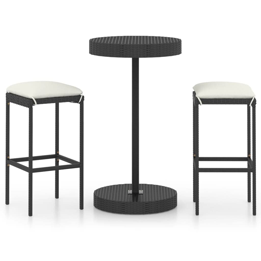 **vidaXL 3-Piece Black Poly Rattan Patio Bar Set with Cushions - Outdoor Garden, Bistro, Pub Dining Furniture for Backyard, Deck, or Poolside**