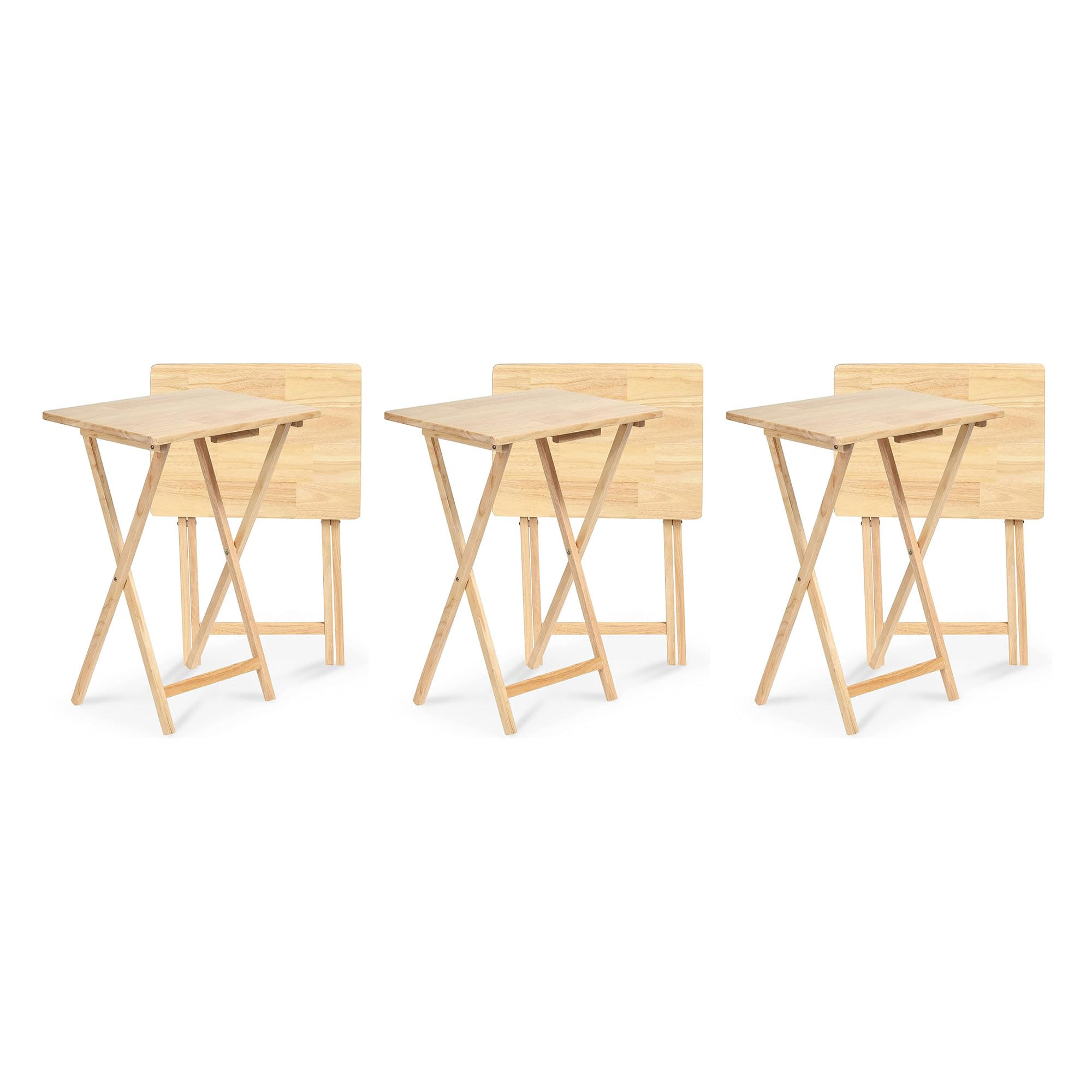 PJ Wood Rectangular Folding Portable TV Snack Serving Tray Table - Solid Wood Construction with Natural Finish (6-Piece Set) - Perfect for Movie Nights, Bedroom Snacking, and Living Room Entertainment