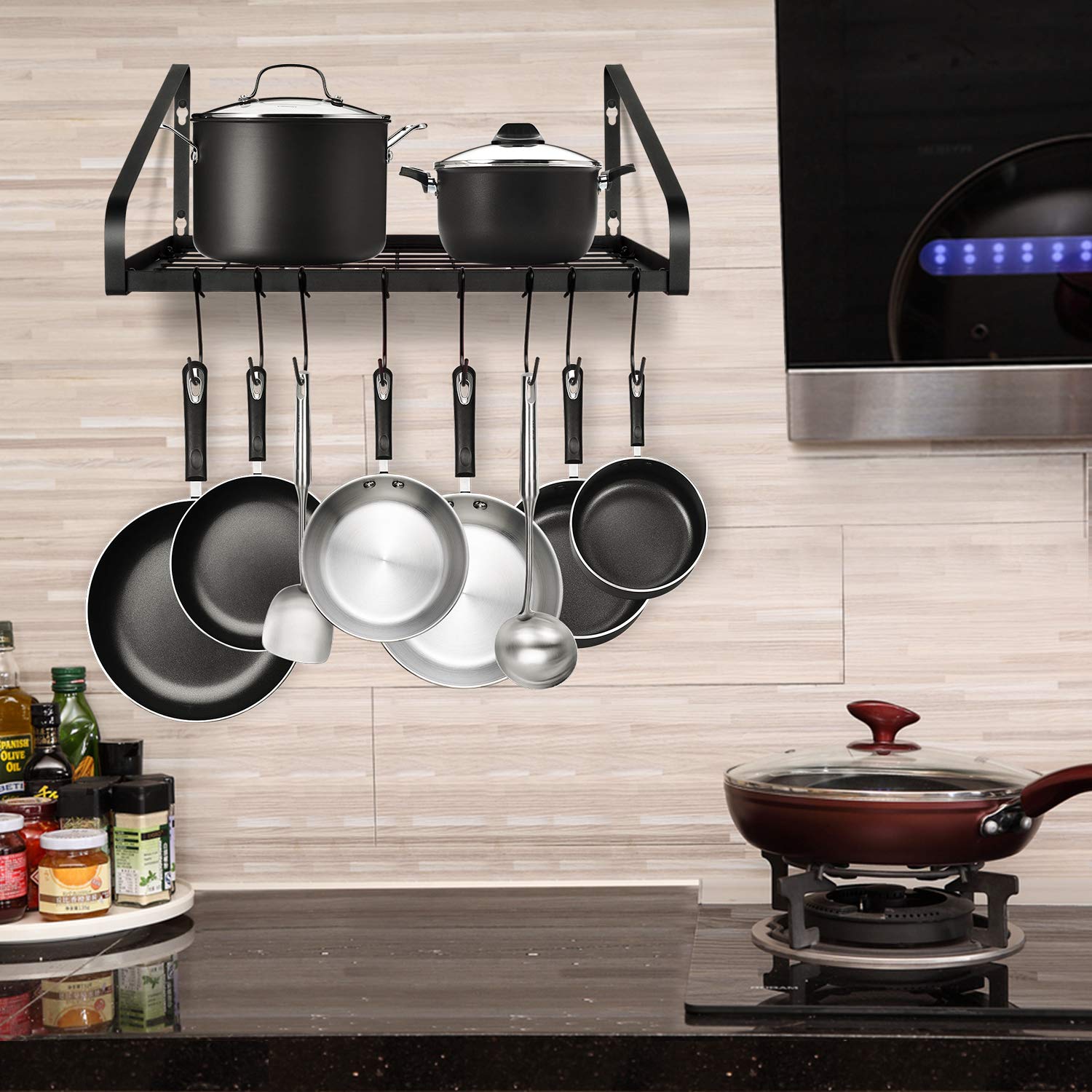 G-TING Wall Mounted Hanging Pot Rack - 8 Hook Kitchen Storage Shelf for Pans, Cookware & Utensils | Space Saving Organizer for Small Kitchens | Black (2 Installation Methods) - Perfect for Apartment, RV & Tiny Home Cooking Spaces