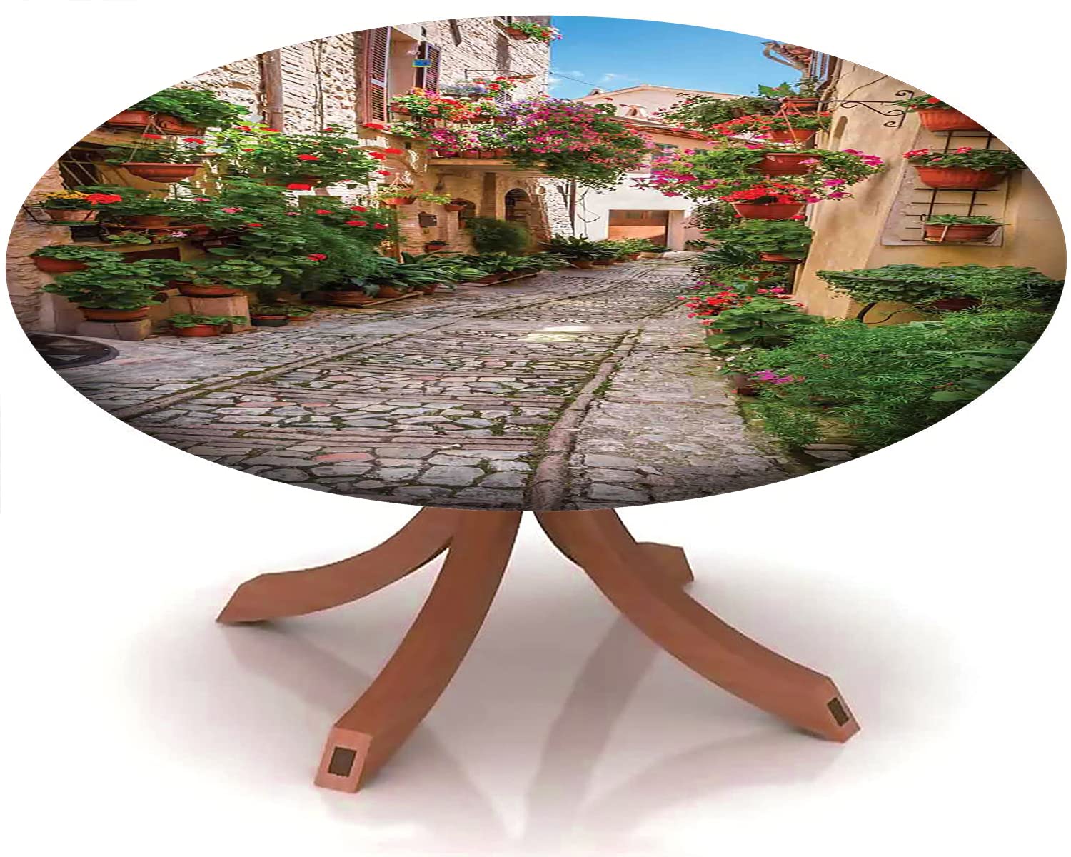 Round Fitted Tablecloth with Elastic Edge - Tuscan Pattern in Ivory, Green & Red - Fits 45
