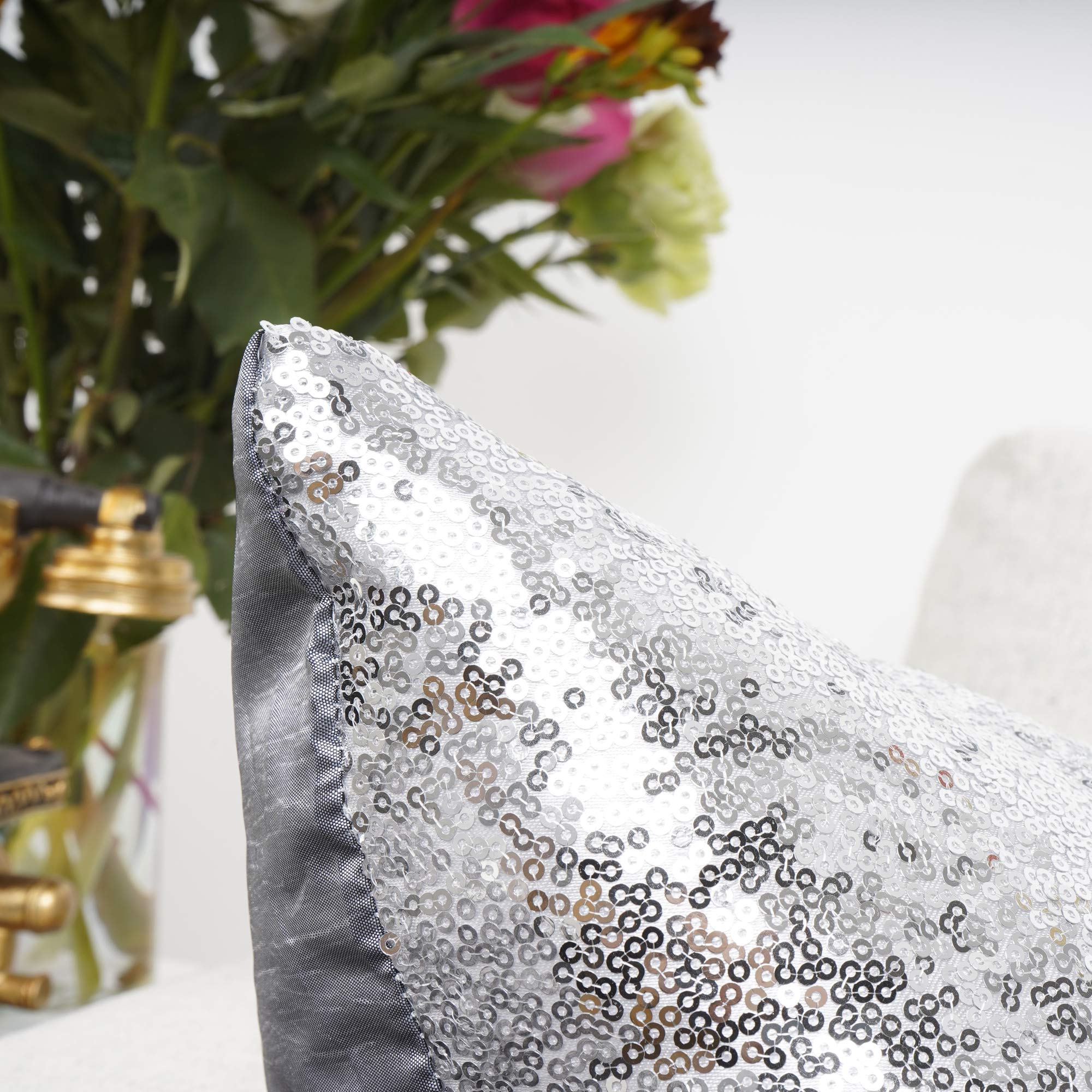 2 Pack Luxury Silver Sequin & Satin Throw Pillow Covers 12x20 Inches - Glamorous Decorative Cushion Cases for Wedding, Christmas, Home Decor, Sofa & Bedroom Accents