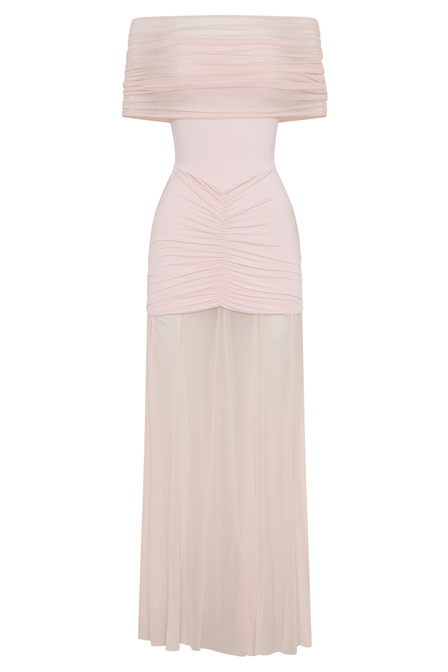 Elegant Off Shoulder Maxi Dress with Slinky & Mesh Details - Pale Pink | Perfect for Summer Weddings, Beach Vacations & Evening Parties