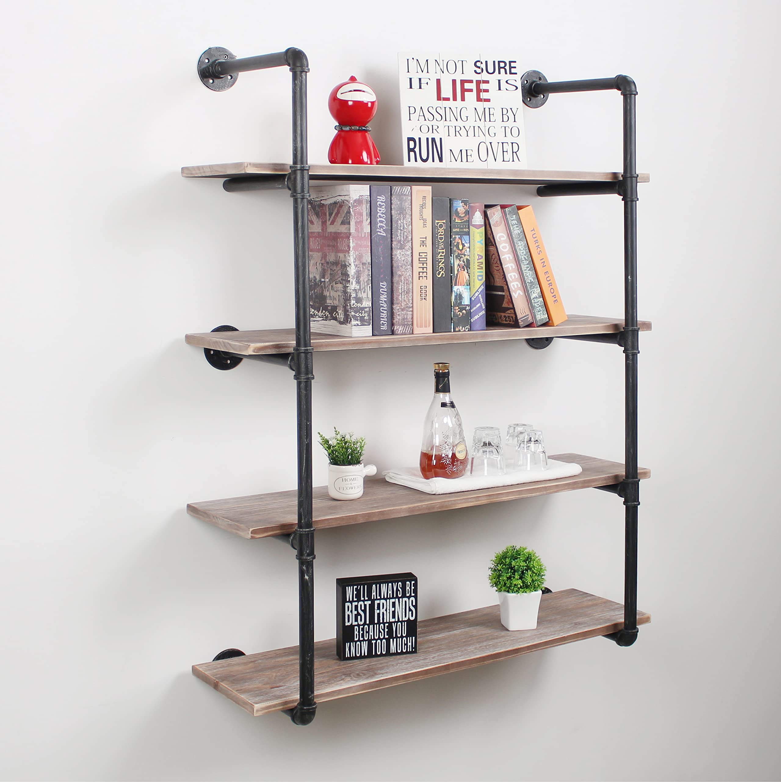 Industrial Pipe Shelving Wall Mounted - 44 Inch Rustic Metal Floating Shelves with Real Wood, Steampunk Style Bookshelf - Heavy Duty 4-Tier Wall Shelf Unit for Farmhouse, Kitchen, Bar & Living Room Storage & Decor