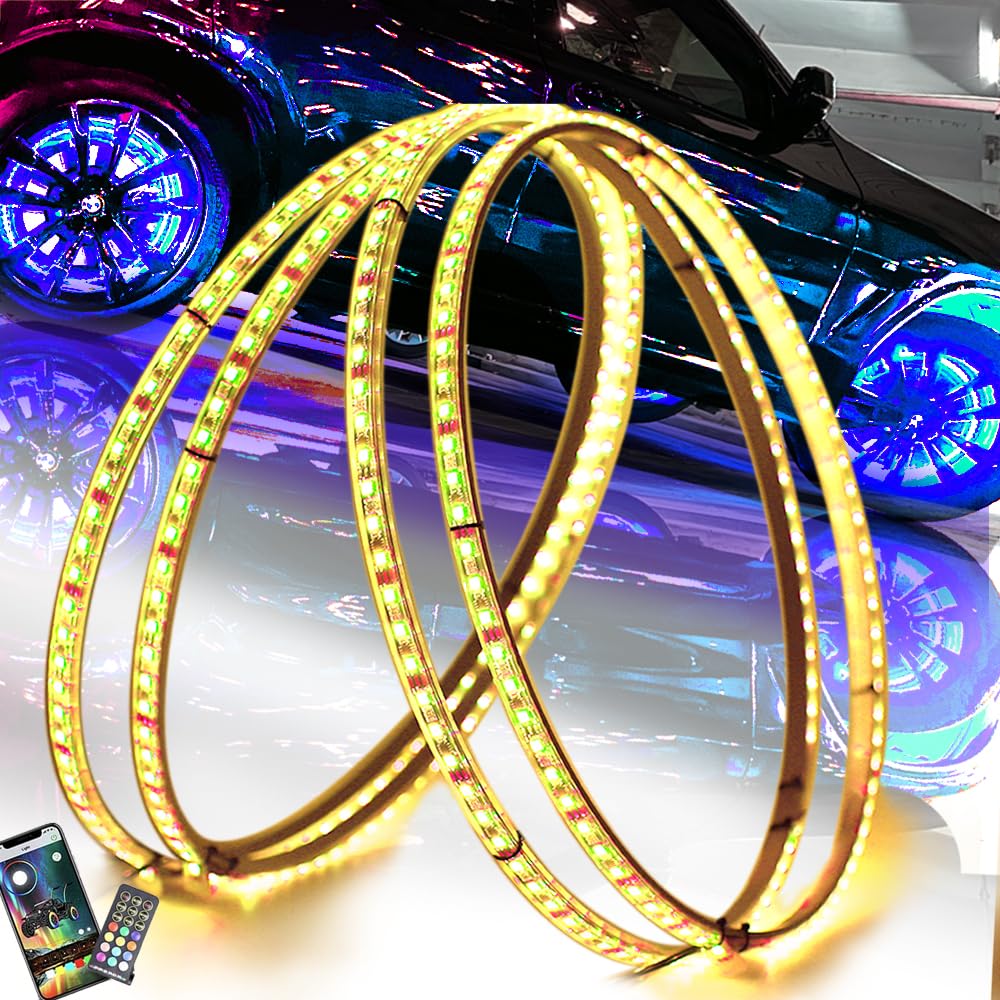 17 Inch RGB Wheel Ring Light Kit for Trucks - APP Controlled with Turn Signal, Braking Function & Music Sync Mode (4-Pack, Single Row) - Perfect for Off-Roading, Car Shows & Night Driving