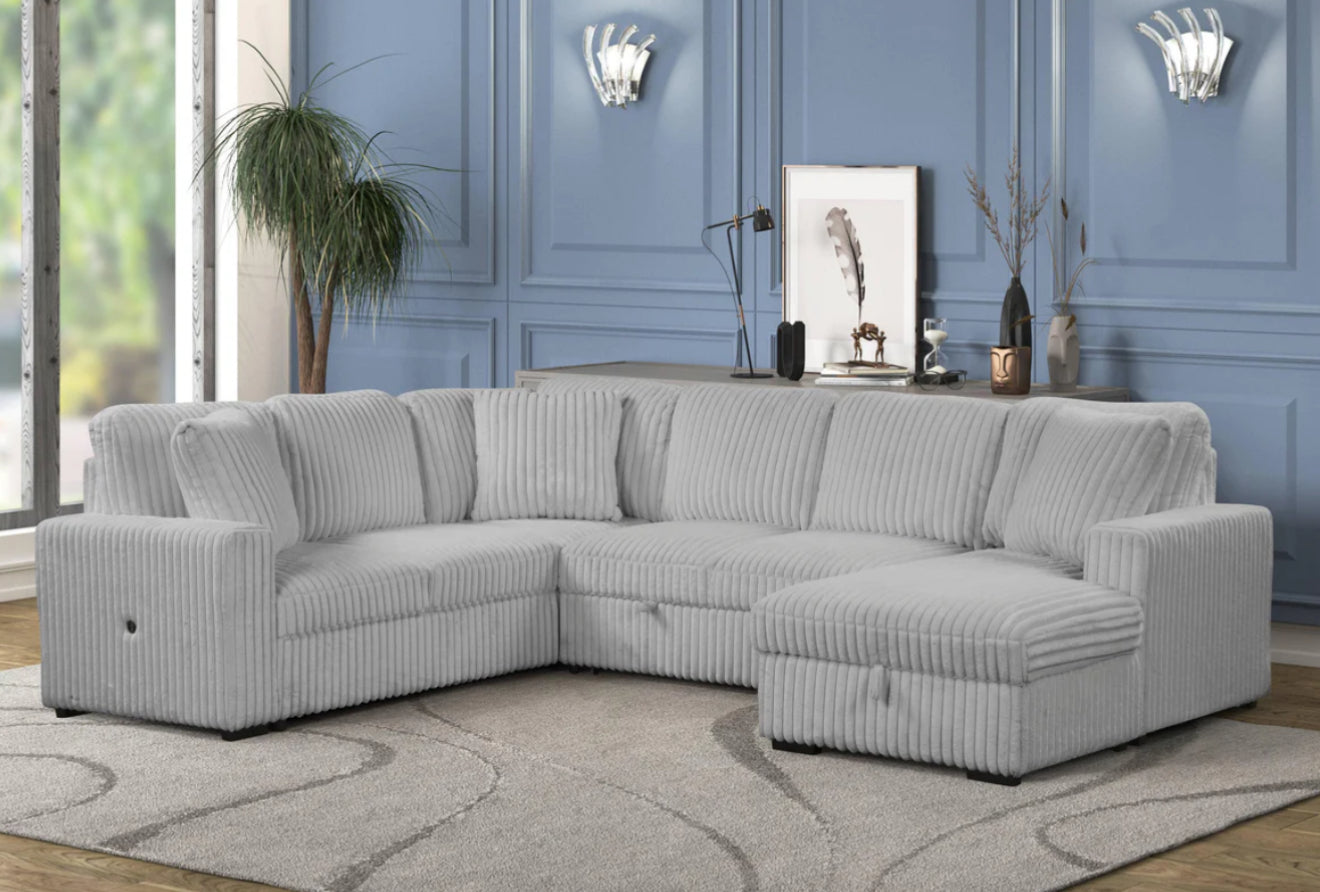 Becky Sectional Pull Out Sleeper Sofa with Storage Chaise | Corduroy Fabric | Convertible Couch Bed for Small Spaces | Perfect for Guest Rooms, Apartments & Living Rooms