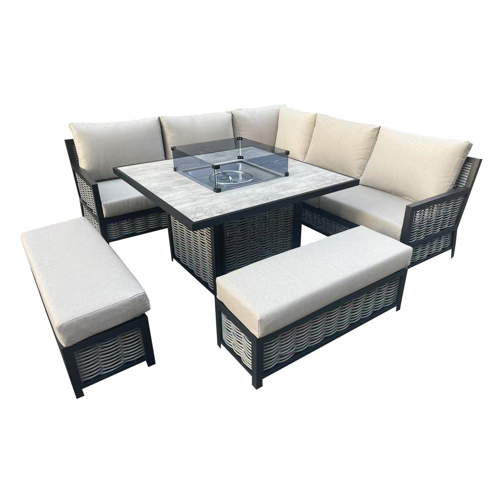 Luxury Beige Rattan L-Shaped Patio Set with Square Fire Pit Table - Outdoor Furniture for Garden, Backyard & Poolside Relaxation