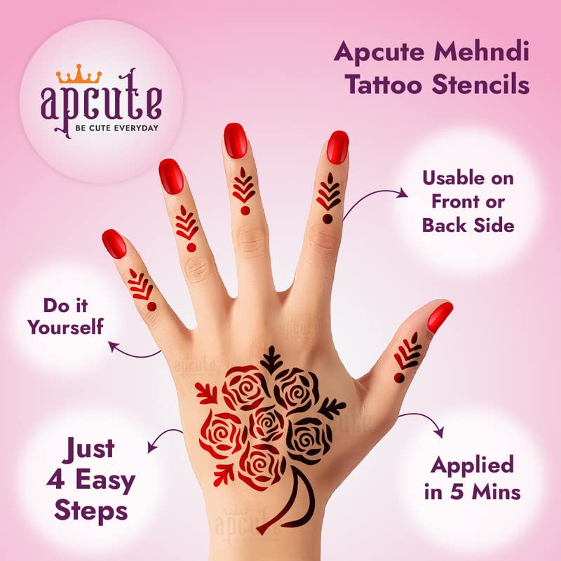 Apcute Henna Tattoo Kit for Kids, Girls & Women - Easy to Use Temporary Tattoo Stencil Stickers with Beautiful Mehandi Designs (Design No. H-B-197) - Perfect for Parties, Weddings, Festivals & DIY Body Art