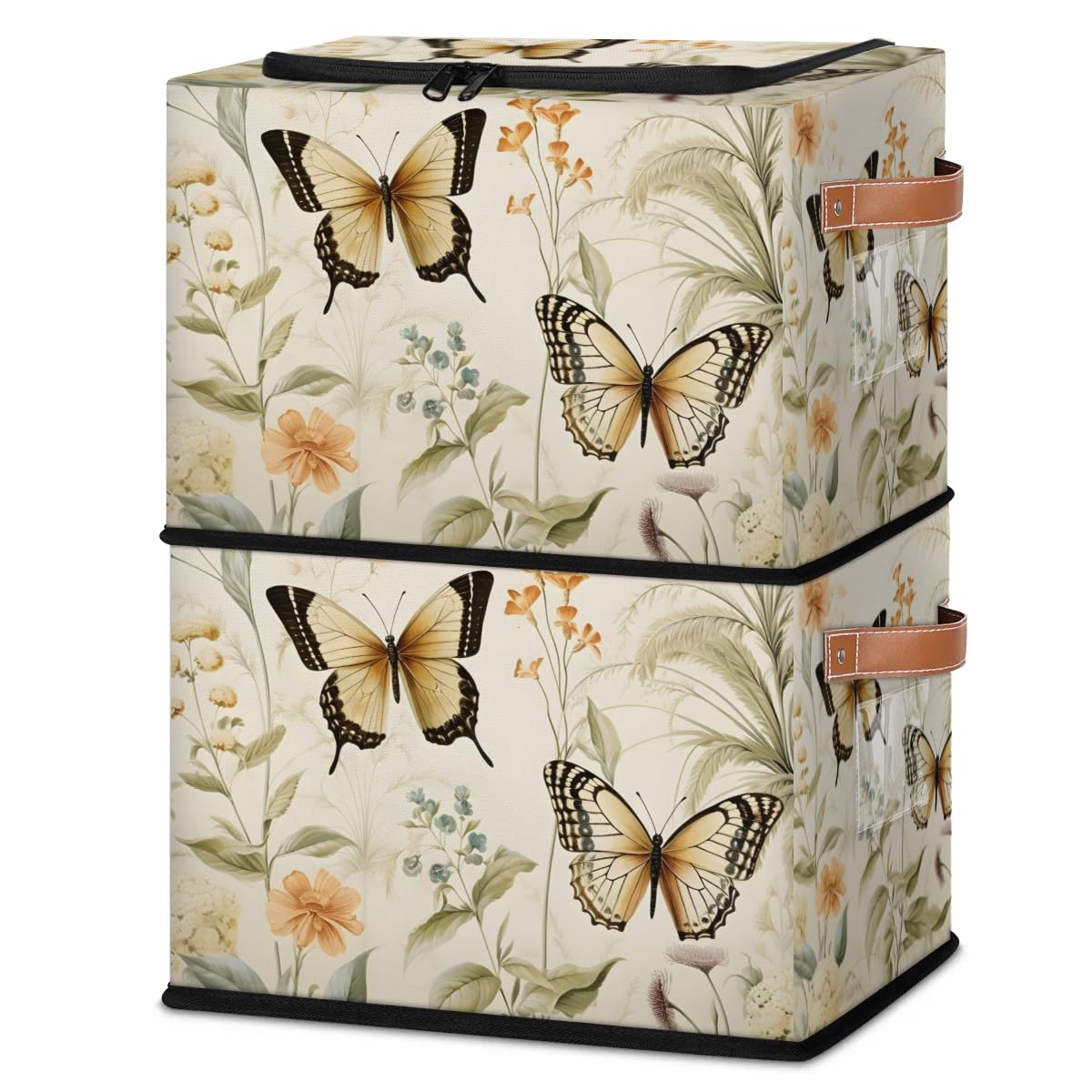 Yellow Butterfly Storage Boxes with Sturdy Handles - 2 Pack Zippered Storage Bins for Clothes, Toys & Home Organization - Perfect for Bedroom, Closet & Kids Room Storage Solutions