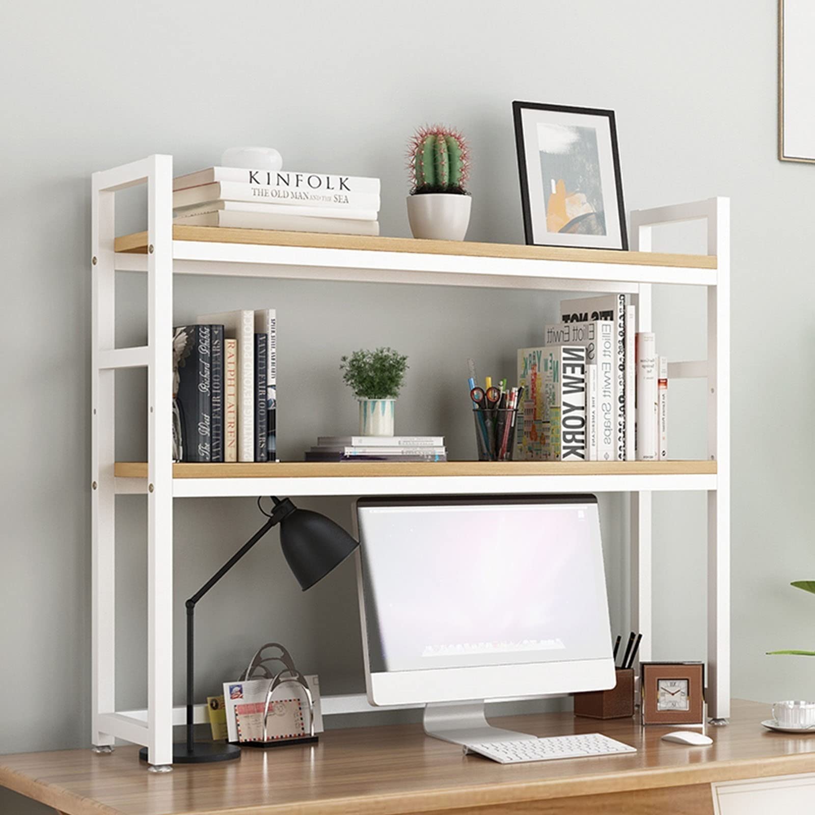 2 Tier Adjustable Desk Bookshelf - Office Desk Shelf Organizer & Printer Stand, Wood & Metal Storage for Home & Office (55 x 24 x 90cm) - Perfect for Workspace Organization, Cubicle Decor & Aesthetic Bookshelf Display