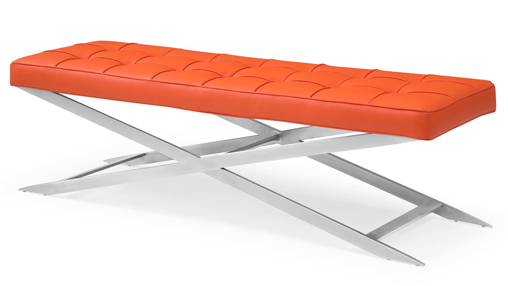 ZURI Modern Ruth Orange Leatherette Button Tufted Long Bench with Brushed Stainless Steel X-Shaped Base - Stylish Entryway Seating for Living Room, Bedroom or Hallway