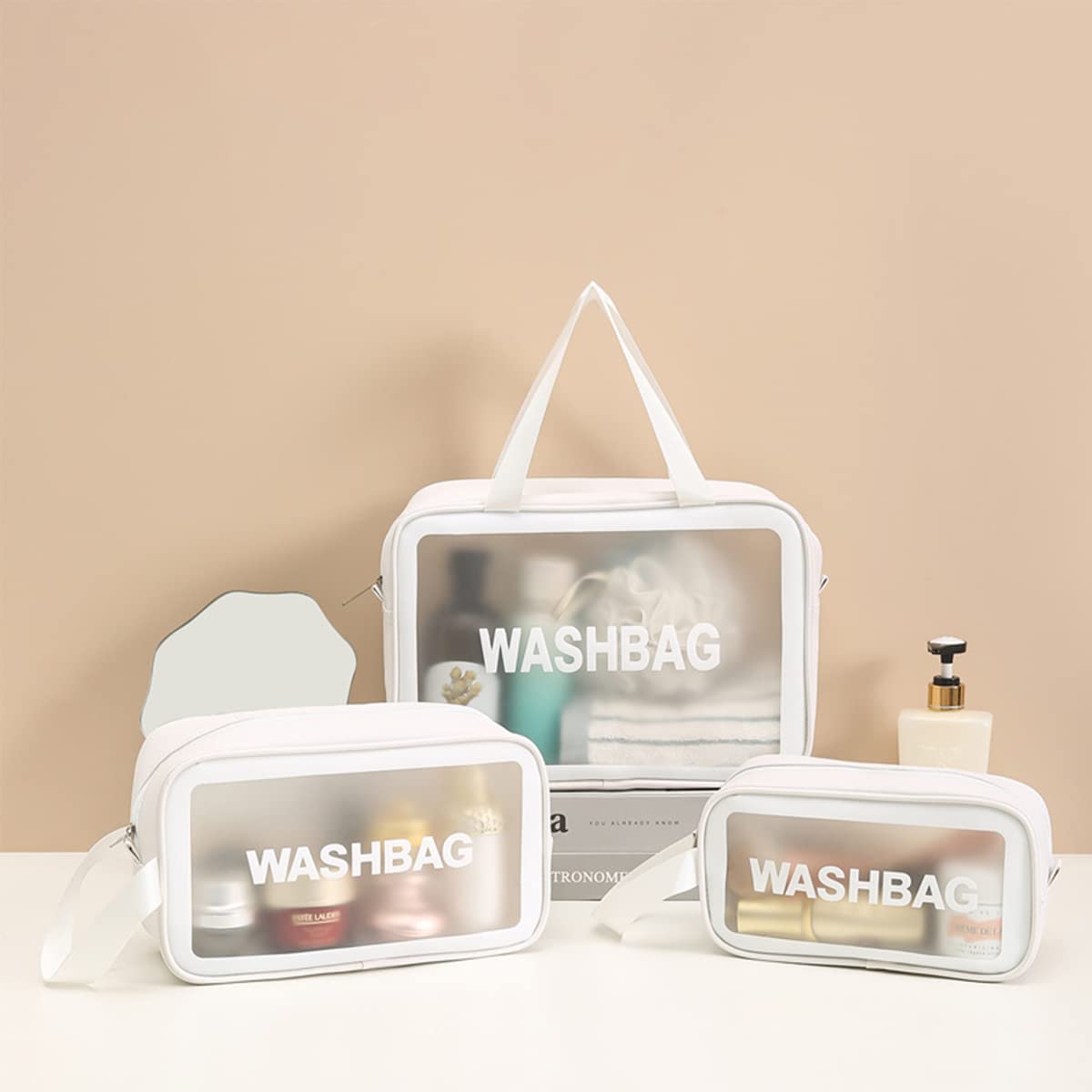 Clear Travel Toiletry Bag Set - 3 Pack Transparent Cosmetic & Makeup Organizer for Women | TSA Approved Waterproof Wash Bags for Air Travel, Gym, Beach & Vacation (White)