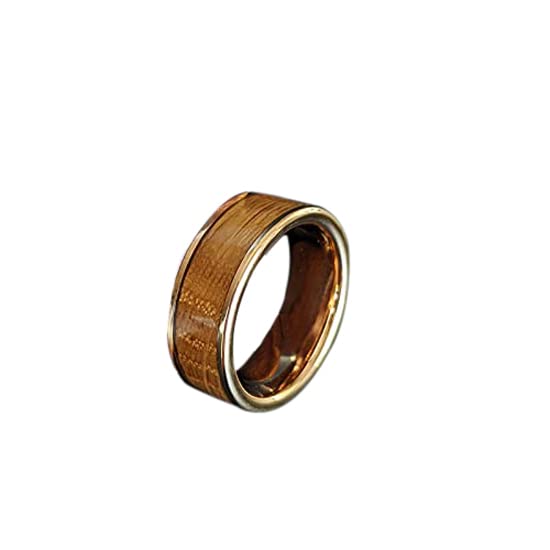 18K Rose Gold Tungsten Wedding Band for Men - 8mm Comfort Fit Whiskey Barrel Wood Inlay Ring - Rustic Bourbon Whisky Inspired Anniversary Gift for Him - Perfect for Weddings, Engagements, and Special Occasions