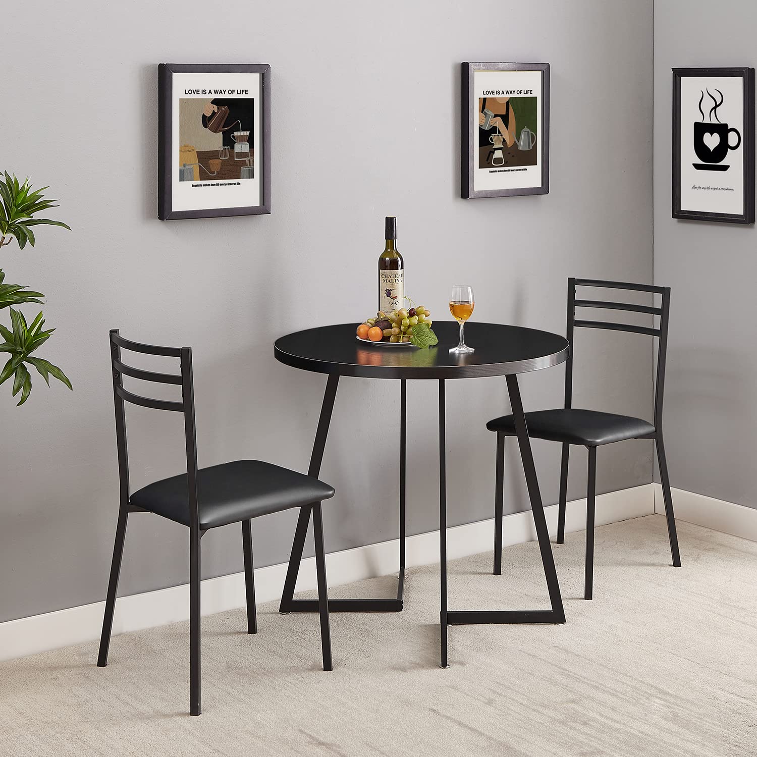 VECELO 42 Inch Round Dining Table with Wood Grain Tabletop & Sturdy Steel Frame - Perfect for Kitchen, Living Room, Office or Conference - Seats 2-4 People - Wood-Grain Black Finish - Ideal for Small Space Dining, Breakfast Nooks & Compact Meeting Areas