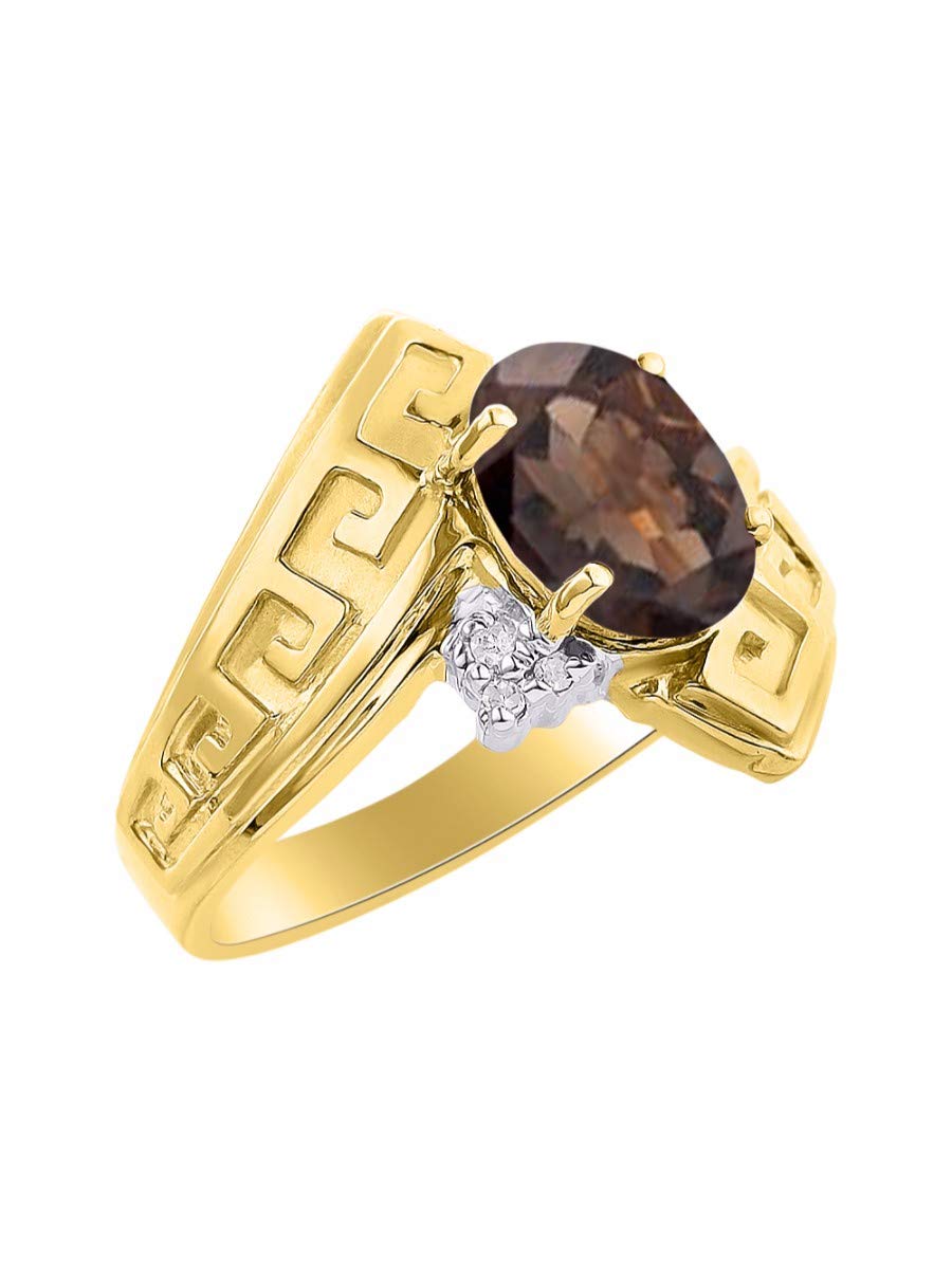 Rylos Greek Key Designer Ring for Women - 9X7MM Gemstone & Diamond Accent in Yellow Gold Plated Silver - Sizes 5-10 - Perfect for Weddings, Parties & Special Occasions